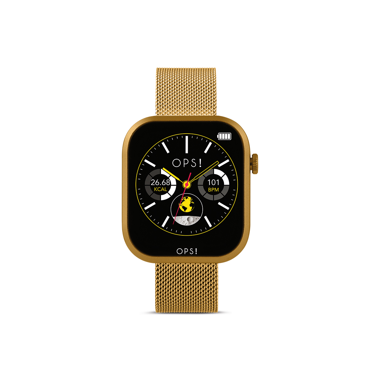 De OPS!SMART CALL PRO OPSSW-61 is een stijlvolle smartwatch in goud en zwart met een gouden mesh band. Als polshorloge ontworpen voor dagelijks gebruik, combineert het functionaliteit met elegantie. Draag het strak om de pols voor de beste pasvorm en functionaliteit. Perfect voor elke gelegenheid of dagelijkse activiteiten.