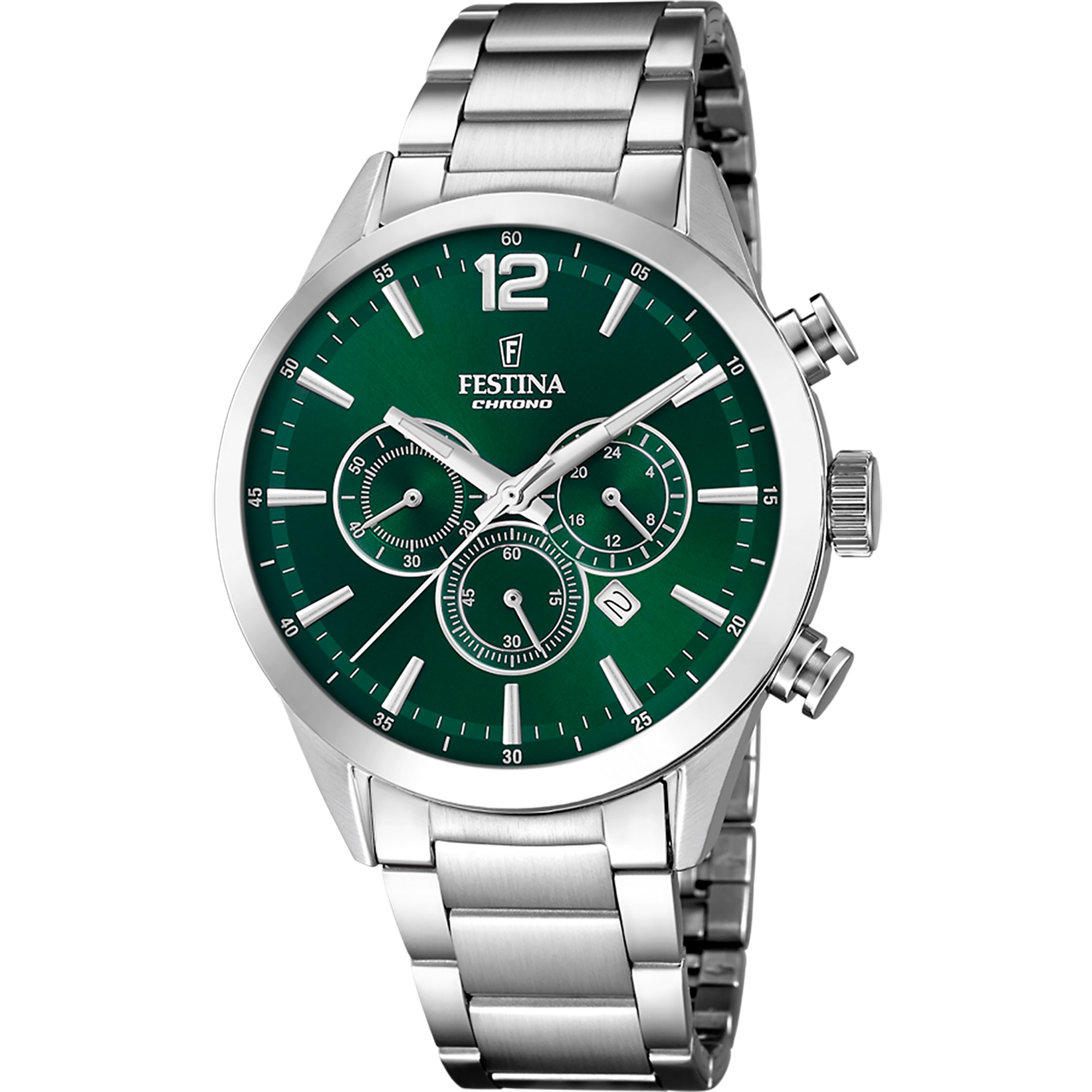 Festina heren horloge F20343/b heeft een groene wijzerplaat en een metalen band. 