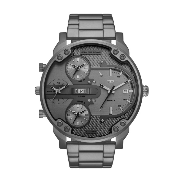  Diesel heren horloge, mat grijze band en kast, grijse wijzerplaat, chronograaf