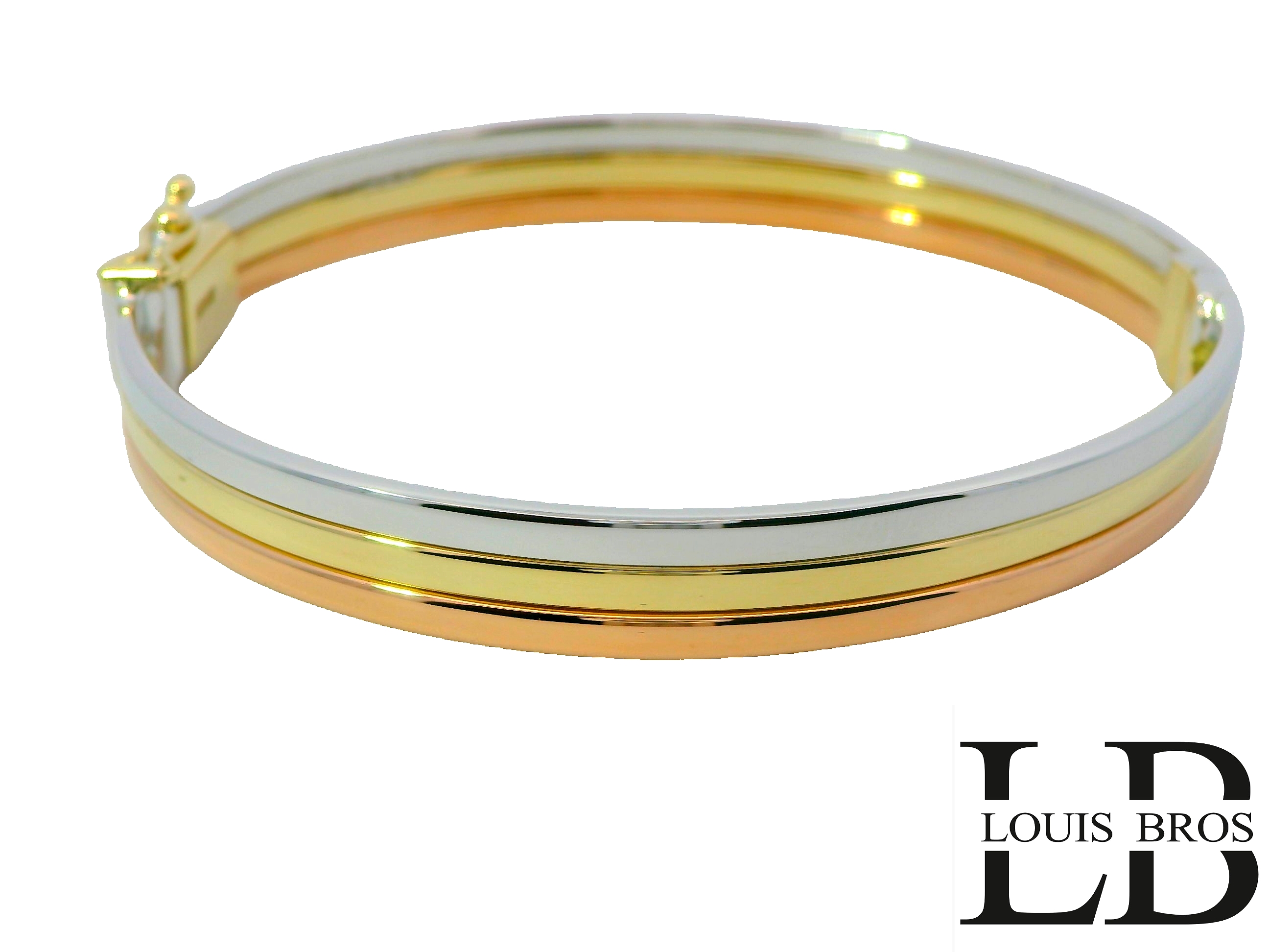 Deze 14 karaat gouden bangle (15.56 gr) is een stijlvolle samensmelting van geelgoud, witgoud en roségoud. Het strakke, moderne design straalt klasse en eenvoud uit, terwijl de drie goudtinten subtiel zorgen voor een verfijnd spel van kleur en contrast.

Minimalistisch maar opvallend – deze bangle is een tijdloos statement dat elke look naar een hoger niveau tilt. Perfect om solo te dragen of te combineren met andere sieraden voor een gelaagde, eigentijdse stijl.

Een sieraad dat kracht, elegantie en veelzijdigheid moeiteloos samenbrengt.