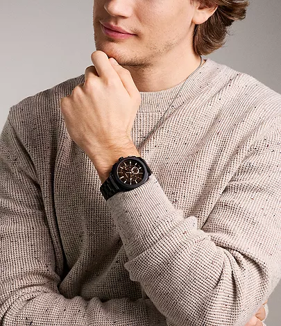 Fossil heren horloge, chronograaf, zwarte stalen band en kast,donkere wijzerplaat.