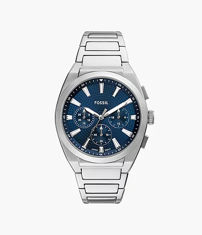 Fossil herenhorloge, stalen band en kast, blauwe wijzerplaat met witte indexen