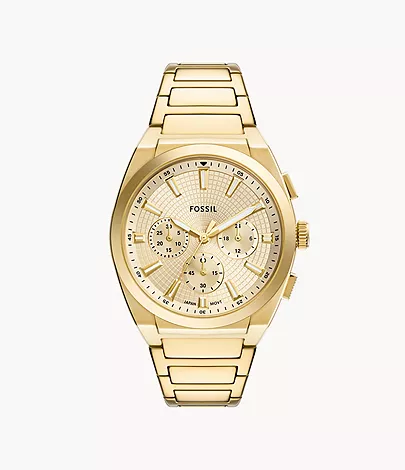 Fossil herenhorloge, goukleurige band-kast en wijzerplaat.