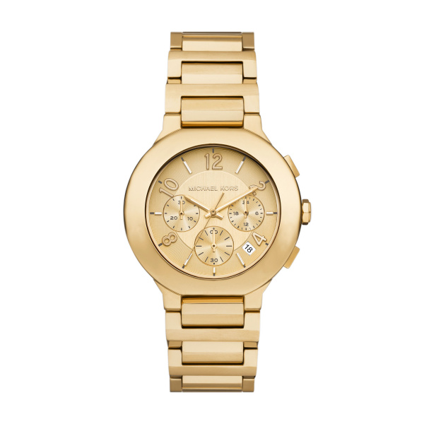 Michael Kors horloge, goudkleurige band en kast. Goudkleurige wijzerplaat met datum