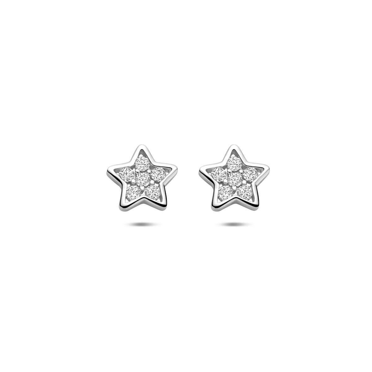 Gerhodineerd 925 zilveren oorknoppen uitgevoerd in de vorm van een ster met zirkonia. De oorknoppen hebben een afmeting van 8.5x8.5mm.
