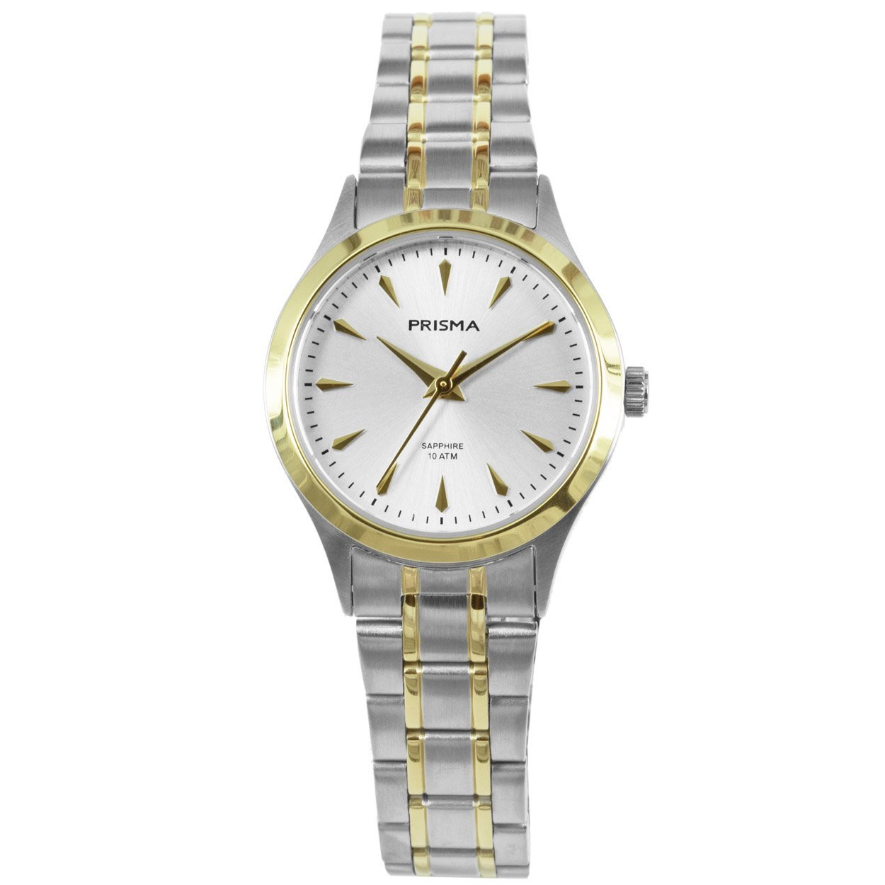 Prisma dames P.1658 horloge edelstaal saffierglas 10 ATM 		
		
Algemeen		
Geslacht: dames		
Model: P.1658		
		
Voordelen		
- band edelstaal zilver/goudkleurig (bicolor)		
- wijzerplaat zilver met goudkleurige streepjes		
- boven gem. waterdicht: zwemmen/duiken		
- glas is zeer krasvast		
- datum		
- duurzame coating		
- quartz		
		
Product achtergrond		
Het leven is een reis. Dat klinkt een beetje clich&#233;, maar het is wel waar. Sta niet elke dag op met het idee dat het leven nogbeter is in 10 of 20 jaar. Geniet en wees dankbaar voor vandaag, want het leven is echt een reis. Deze collectie onderstreept het typische Prisma gevoel. Een horloge van hoge kwaliteit met lederen band, titanium kast, krasvrij saffierglas en 10 ATM waterdicht. Een fantastisch uurwerk om elke dag met blijdschap te dragen.		
		
		
		
