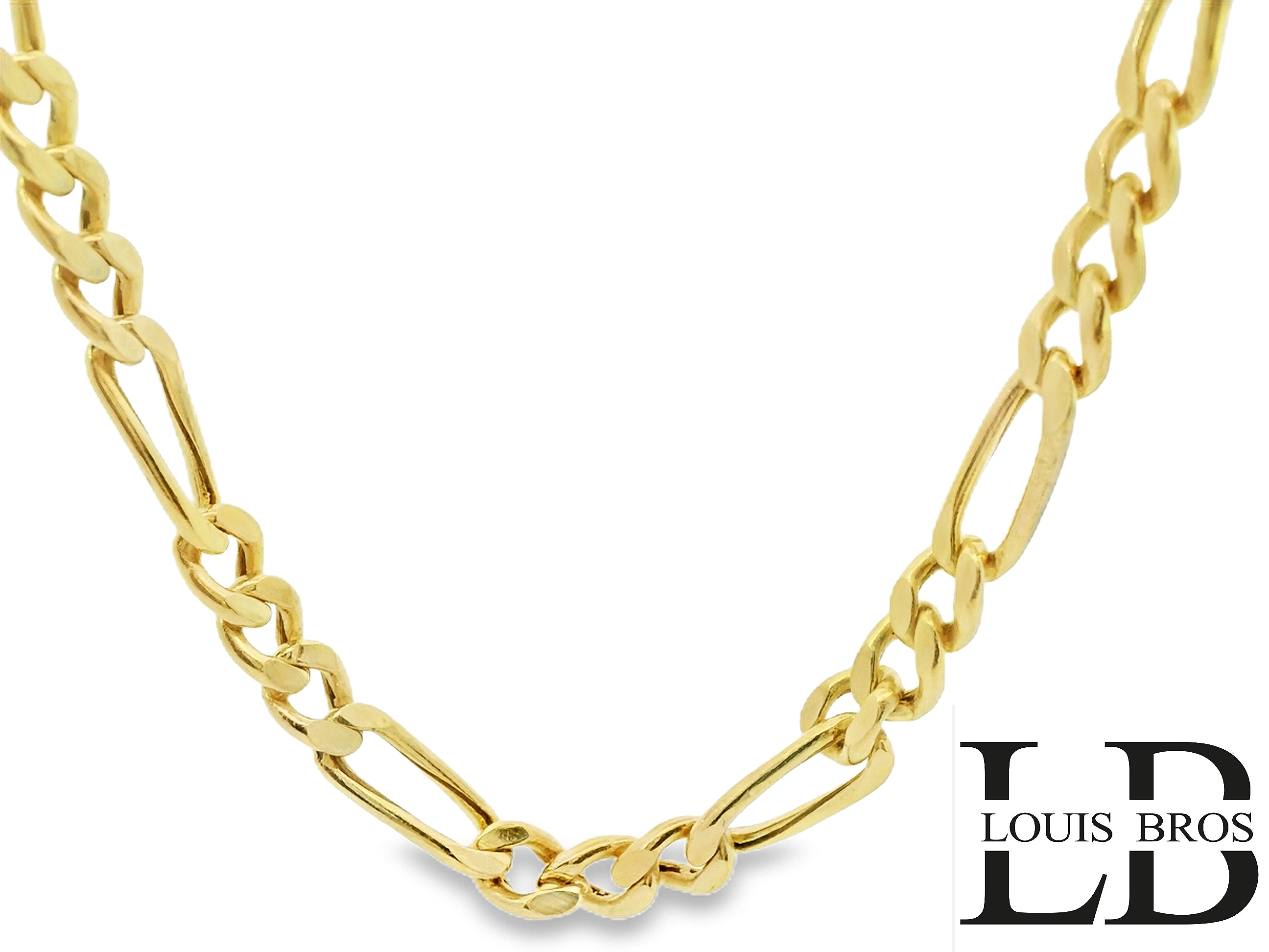 Dit unisex  collier van Louis Bros is vervaardigd uit 14 karaat geelgoud (14.15 gr.). Het collier heeft een lengte van 60 cm en een breedte van 4.5 mm. En een dikte van 1.5 mm. Deze figaro collier is stijlvol en gemakkelijk te combineren. 
Verkrijgbaar vanaf 40 cm!