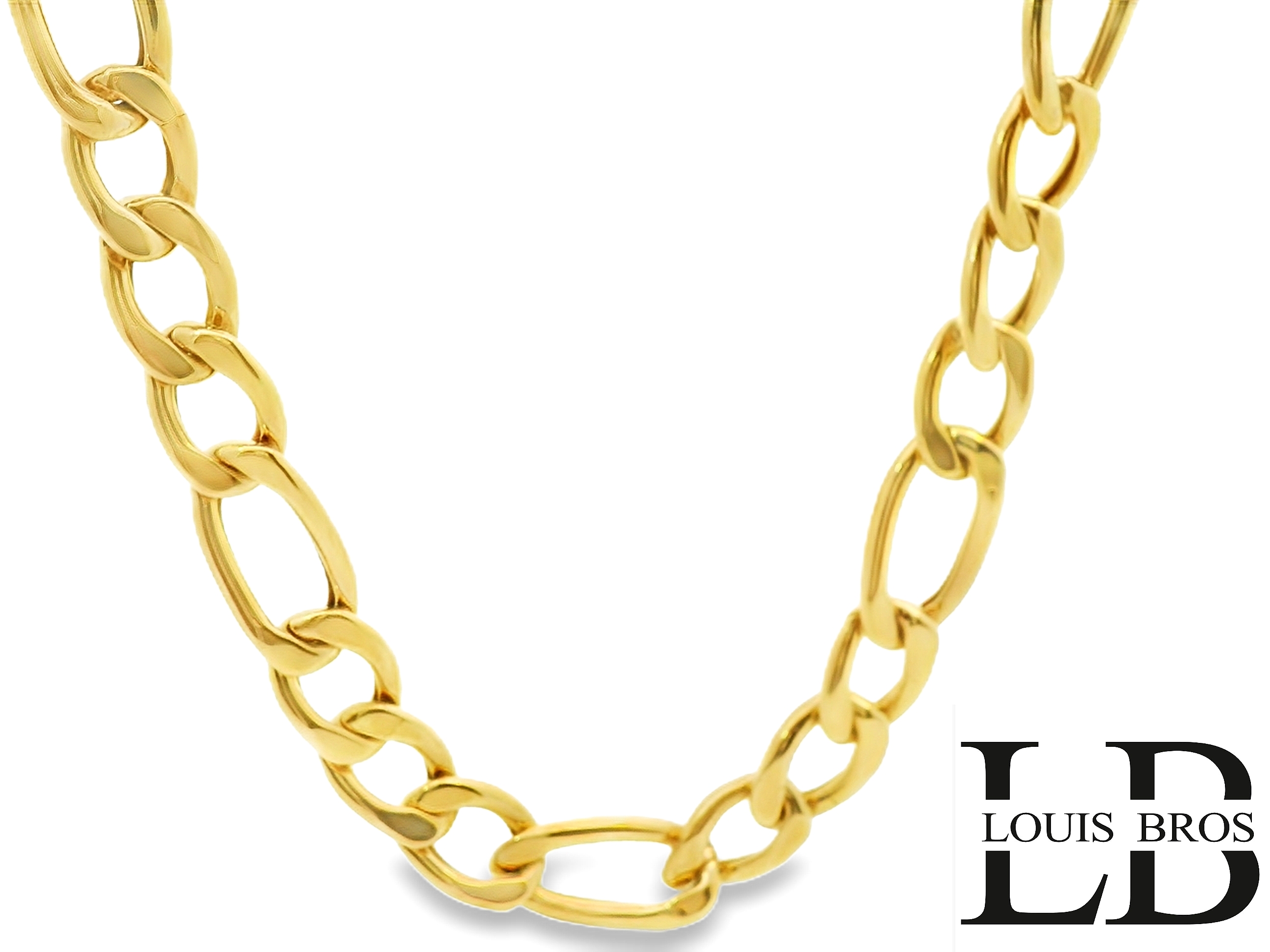 Dit unisex  collier van Louis Bros is vervaardigd uit 14 karaat geelgoud (23.10 gr.). Het collier heeft een lengte van 65 cm en een breedte van 8.0 mm. En een dikte van 1.80 mm. Deze figaro collier is stijlvol en gemakkelijk te combineren. 
Verkrijgbaar vanaf 40 cm!