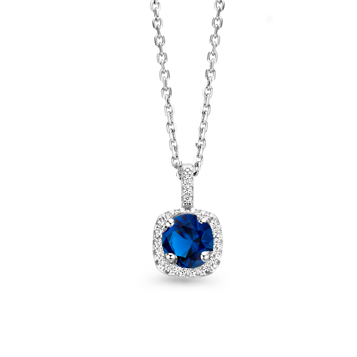 zilveren RdL collier, vierkant+ blauw/wit zirconia