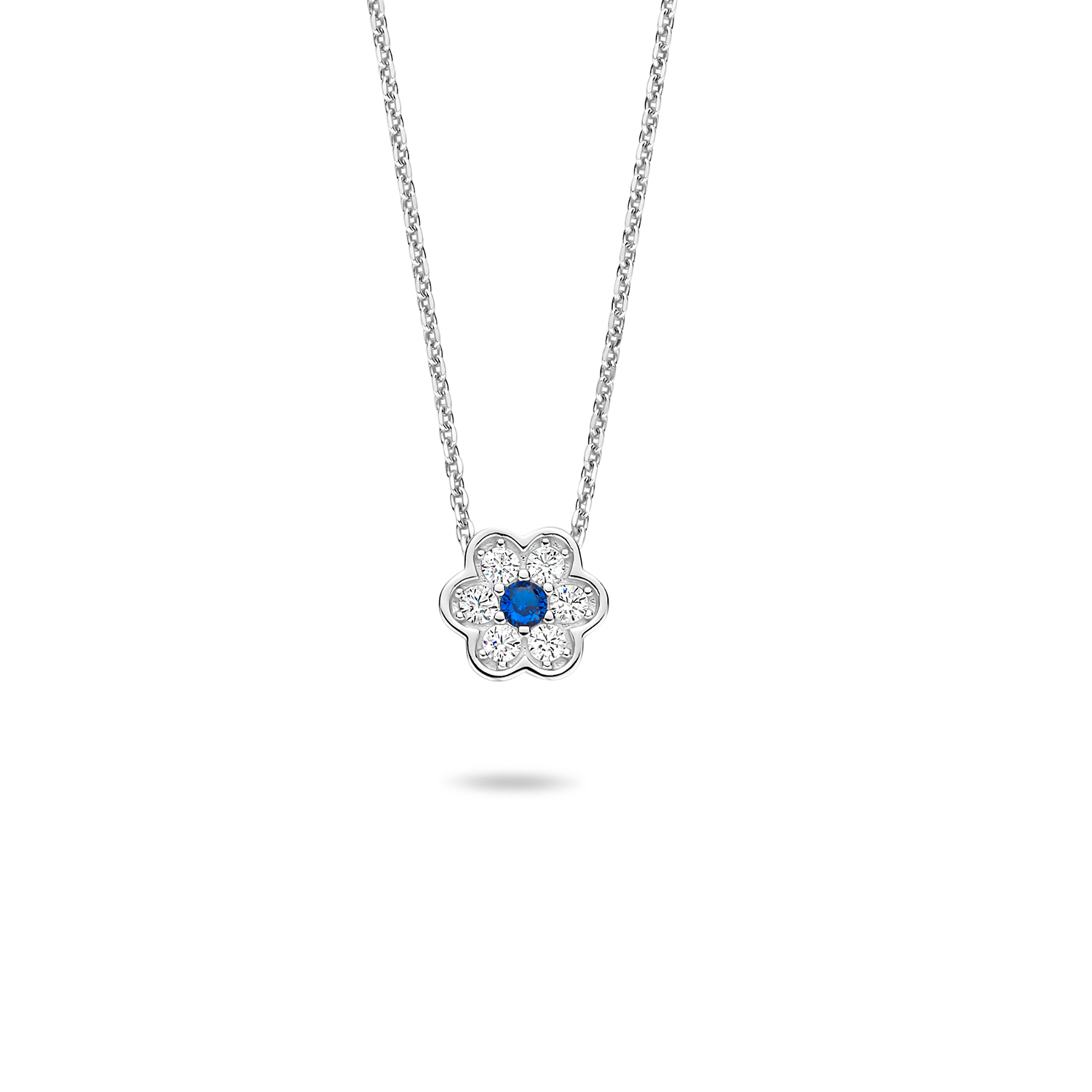 zilveren RdL collier, bloem+ blauw/wit zirconia