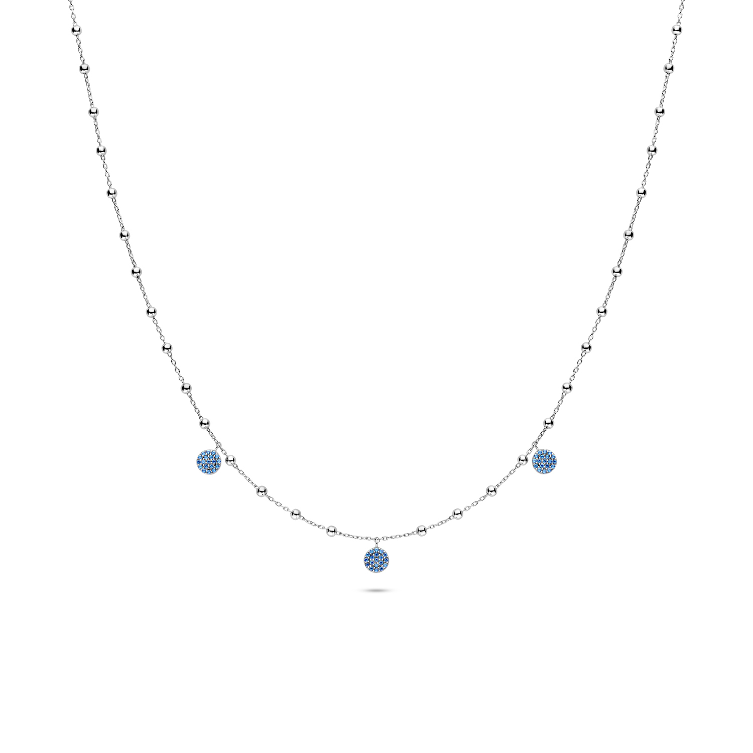 zilveren RdL collier, bolletjes+ rondjes blauw zirconias