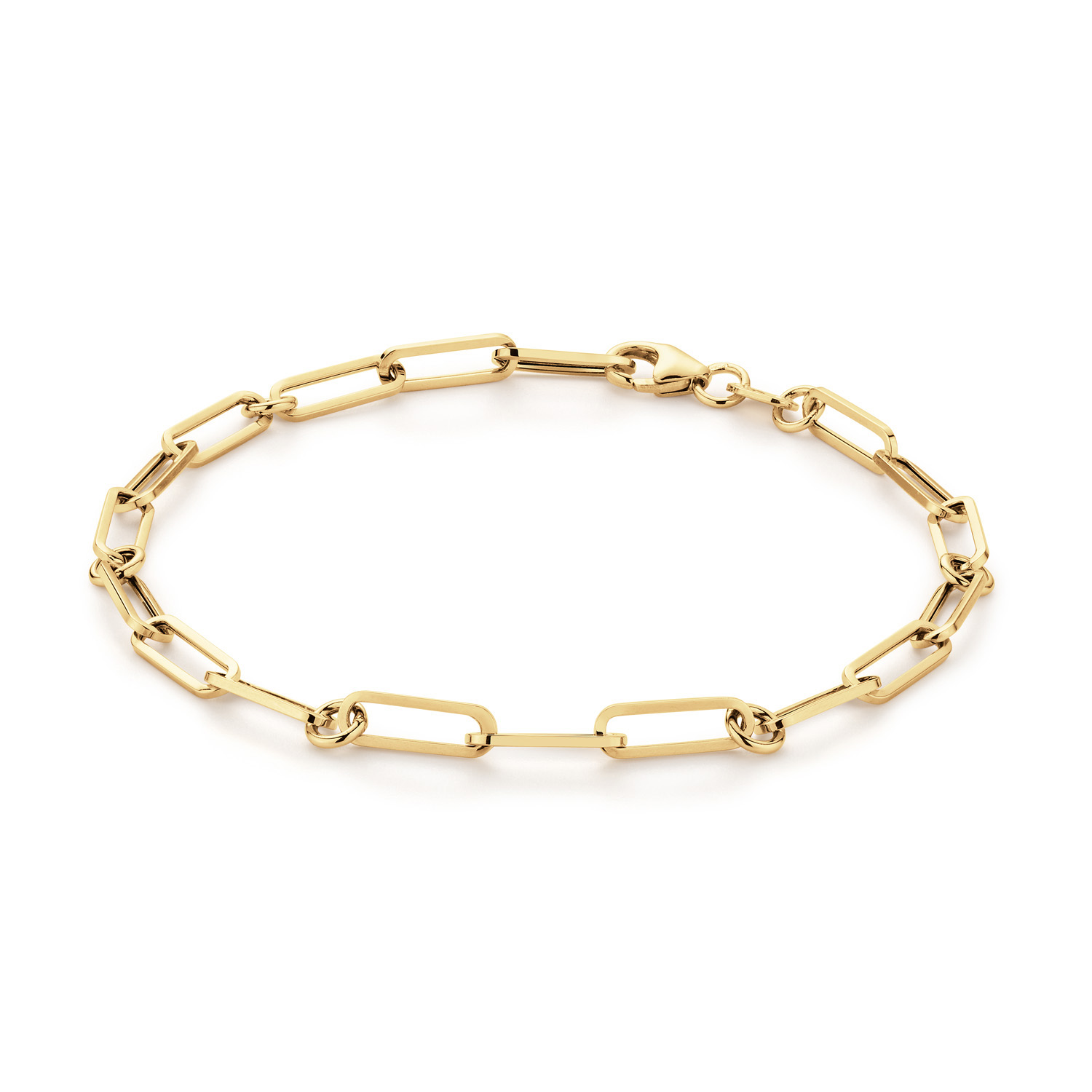 De Jackie gouden armband, model JKB25503, is een fantasie-armband gemaakt van goud. Met een breedte en diepte van 3,5 mm en een gewicht van 2,1 gram, heeft het een paperclip ketting en een karabijnsluiting. Perfect om alleen te dragen voor een subtiele look, of in laagjes met andere armbanden voor een trendy uitstraling.