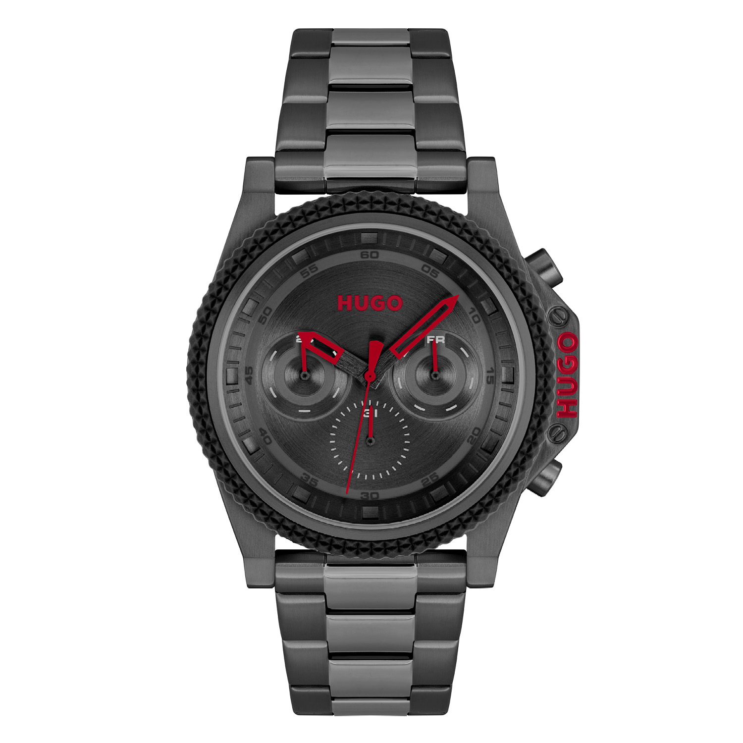HUGO HU1530348 #BRAVE 46mm  
Dit HUGO horloge uit de Brave serie met artikelnr. HU1530348 is ontworpen voor de man die niets te verbergen heeft, volledig zichzelf is in zijn eigen unieke stijl. Het herenhorloge kenmerkt zich door zijn zwarte stalen horlogekast met en bewerkte bezel. Het ontwerp valt op door zijn casual vorm, tijd voor weekend! Opvallend zijn de rode wijzers op de zwarte wijzerplaat. Aan de kast zit een zwarte schakelband met vouwsluiting. Het stoer ogende herenhorloge heeft een mineraalglas, een doorsnee van 46mm en is 5ATM.

HET MERK:
HUGO BOSS is afgestemd op levensstijlen waar het gaat om kwaliteit en precisie. Het wereldwijde fashionlabel is verdeeld in twee merken: BOSS en HUGO. Het merk HUGO presenteert eigentijdse en vooruitstrevende designs volgens de laatste fashion trends waarmee mensen worden gestimuleerd om zichzelf te zijn. Scherp maatwerk en casual horloges gecombineerd met een progressieve attitude. HUGO horloges zijn er voor de urban en ruimdenkende man die de leiding durft te nemen. De enige regel van de HUGO-man als het om stijl gaat: zijn authentieke zelf en niets anders.

Maak kennis met de nieuwe horlogecollectie van HUGO.

SPECIFICATIES:
- Mineraalglas
- Ronde kastvorm, Ø 46mm
- Zwarte horlogekast
- Zwarte wijzerplaat
- Zwarte schakelband
- 5ATM