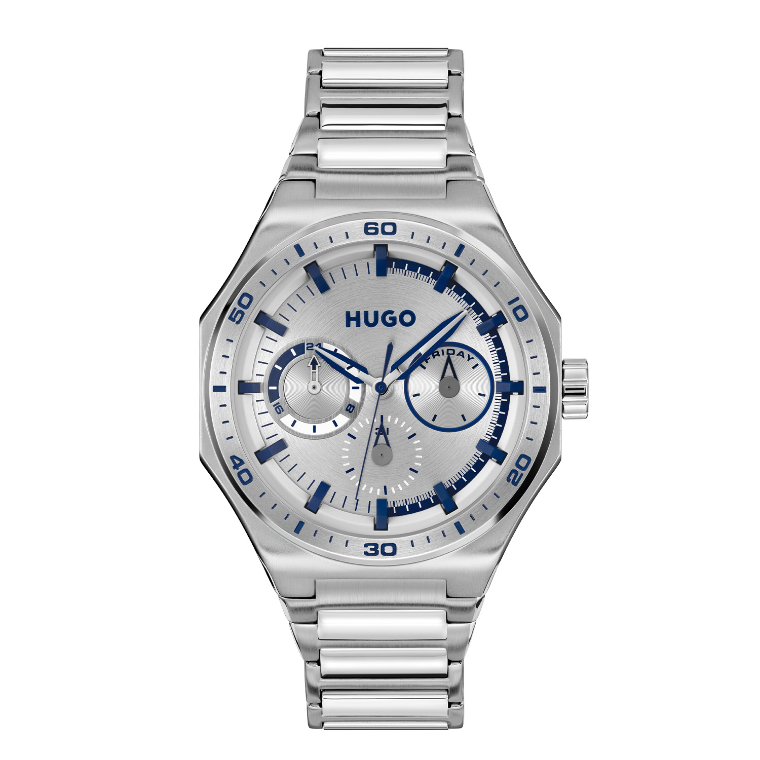 HUGO HU1530399 #GRAIL SPORT 44mm
Dit HUGO horloge uit de GAIL SPORT serie met artikelnr. HU1530399 is ontworpen voor de man met durf en die volledig zichzelf is in zijn eigen unieke stijl. Het herenhorloge kenmerkt zich door zijn hoekige stalen horlogekast met bedrukte bezel. Het ontwerp is opvallend vanwege zijn stoere 'kijk mij nou eens' uitstaling en de wijzers met blauwe accenten op de zilverkleurige geborstelde wijzerplaat. Het herenhorloge heeft een dag,- datum,- en 24-uursaanduiding. Aan de kast zit een stalen strak ogende schakelband met een vouwsluiting. Het sportief stoer ogende herenhorloge heeft een mineraalglas, een doorsnee van 44mm en is 5ATM.

HET MERK:
HUGO BOSS is afgestemd op levensstijlen waar het gaat om kwaliteit en precisie. Het wereldwijde fashionlabel is verdeeld in twee merken: BOSS en HUGO. Het merk HUGO presenteert eigentijdse en vooruitstrevende designs volgens de laatste fashion trends waarmee mensen worden gestimuleerd om zichzelf te zijn. Scherp maatwerk en casual horloges gecombineerd met een progressieve attitude. HUGO horloges zijn er voor de urban en ruimdenkende man die de leiding durft te nemen. De enige regel van de HUGO-man als het om stijl gaat: zijn authentieke zelf en niets anders.

Maak kennis met de nieuwe horlogecollectie van HUGO.

SPECIFICATIES:
- Mineraalglas
- Ronde kastvorm, Ø 44mm
- Stalen horlogekast
- Zilverkleurige wijzerplaat
- Stalen schakelband
- 5ATM