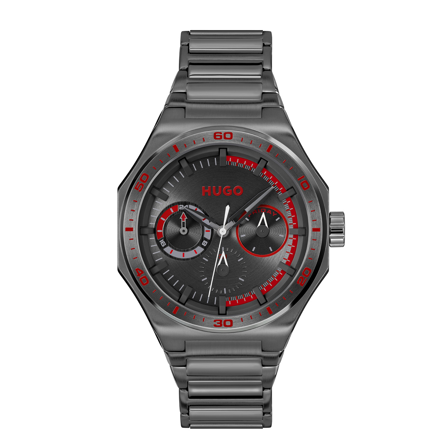 HUGO HU1530401 #GRAIL SPORT 44mm
Dit HUGO horloge uit de GAIL SPORT serie met artikelnr. HU1530401 is ontworpen voor de man met durf en die volledig zichzelf is in zijn eigen unieke stijl. Het herenhorloge kenmerkt zich door zijn hoekige stalen gunmetal horlogekast met bedrukte bezel. Het ontwerp is opvallend vanwege zijn stoere 'kijk mij nou eens' uitstaling en de wijzers en de rode accenten op de zwarte geborstelde wijzerplaat. Het herenhorloge heeft een dag,- datum,- en 24-uursaanduiding. Aan de kast zit een stalen gunmetal strak ogende schakelband met een vouwsluiting. Het sportief stoer ogende herenhorloge heeft een mineraalglas, een doorsnee van 44mm en is 5ATM.

HET MERK:
HUGO BOSS is afgestemd op levensstijlen waar het gaat om kwaliteit en precisie. Het wereldwijde fashionlabel is verdeeld in twee merken: BOSS en HUGO. Het merk HUGO presenteert eigentijdse en vooruitstrevende designs volgens de laatste fashion trends waarmee mensen worden gestimuleerd om zichzelf te zijn. Scherp maatwerk en casual horloges gecombineerd met een progressieve attitude. HUGO horloges zijn er voor de urban en ruimdenkende man die de leiding durft te nemen. De enige regel van de HUGO-man als het om stijl gaat: zijn authentieke zelf en niets anders.

Maak kennis met de nieuwe horlogecollectie van HUGO.

SPECIFICATIES:
- Mineraalglas
- Ronde kastvorm, Ø 44mm
- Stalen horlogekast
- Zwarte wijzerplaat
- Stalen schakelband
- 5ATM