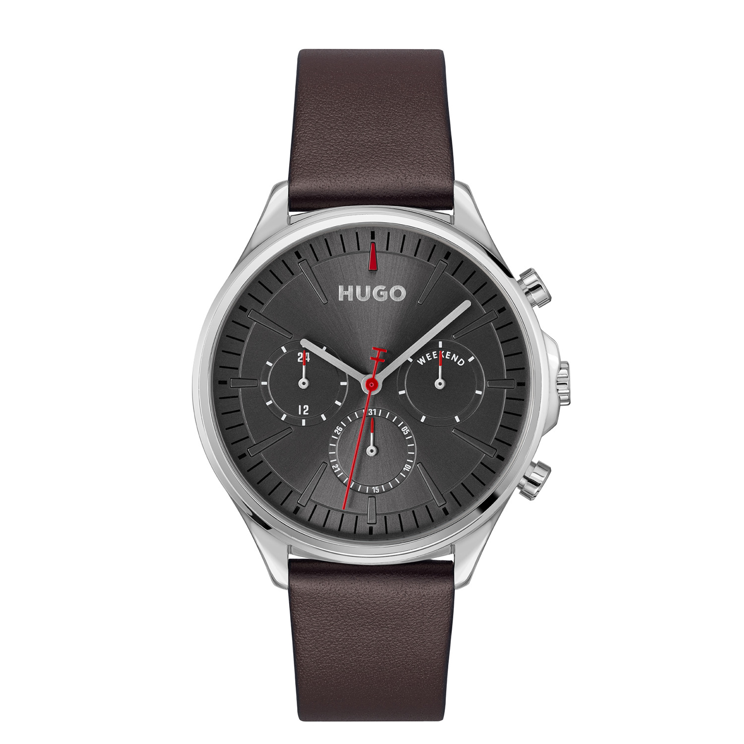 HUGO HU1530407 #SMASH MULTI 43mm
Dit HUGO horloge uit de SMASH MULTI serie met artikelnr. HU1530407 is ontworpen voor de man met durf en die volledig zichzelf is in zijn eigen unieke stijl. Het herenhorloge kenmerkt zich door zijn ronde stalen horlogekast met gladde bezel. Het ontwerp is opvallend vanwege zijn stoere 'kijk mij nou eens' uitstaling en de rode wijzers op de grijze geborstelde wijzerplaat. Het herenhorloge heeft een dag,- datum,- en 24-uursaanduiding. Aan de kast zit een bruine leren horlogeband met een gespsluiting. Het classic ogende herenhorloge heeft een mineraalglas, een doorsnee van 43mm en is 5ATM.

HET MERK:
HUGO BOSS is afgestemd op levensstijlen waar het gaat om kwaliteit en precisie. Het wereldwijde fashionlabel is verdeeld in twee merken: BOSS en HUGO. Het merk HUGO presenteert eigentijdse en vooruitstrevende designs volgens de laatste fashion trends waarmee mensen worden gestimuleerd om zichzelf te zijn. Scherp maatwerk en casual horloges gecombineerd met een progressieve attitude. HUGO horloges zijn er voor de urban en ruimdenkende man die de leiding durft te nemen. De enige regel van de HUGO-man als het om stijl gaat: zijn authentieke zelf en niets anders.

Maak kennis met de nieuwe horlogecollectie van HUGO.

SPECIFICATIES:
- Mineraalglas
- Ronde kastvorm, Ø 43mm
- Stalen horlogekast
- Grijze wijzerplaat
- Bruine lerenband
- 5ATM