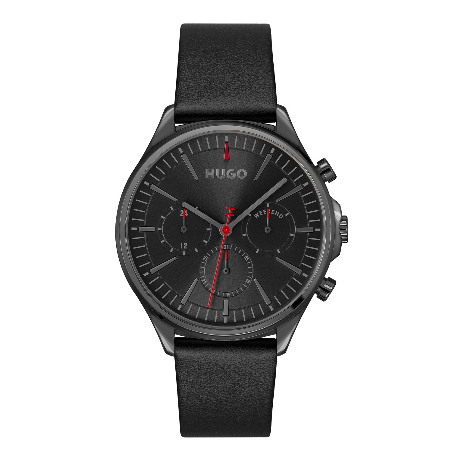 HUGO HU1530408 #SMASH MULTI 43mm
Dit HUGO horloge uit de SMASH MULTI serie met artikelnr. HU1530408 is ontworpen voor de man met durf en die volledig zichzelf is in zijn eigen unieke stijl. Het herenhorloge kenmerkt zich door zijn ronde stalen gunmetal horlogekast met gladde bezel. Het ontwerp is opvallend vanwege zijn stoere 'kijk mij nou eens' uitstaling en de rode wijzers op de zwarte geborstelde wijzerplaat. Het herenhorloge heeft een dag,- datum,- en 24-uursaanduiding. Aan de kast zit een zwarte leren horlogeband met een gespsluiting. Het classic ogende herenhorloge heeft een mineraalglas, een doorsnee van 43mm en is 5ATM.

HET MERK:
HUGO BOSS is afgestemd op levensstijlen waar het gaat om kwaliteit en precisie. Het wereldwijde fashionlabel is verdeeld in twee merken: BOSS en HUGO. Het merk HUGO presenteert eigentijdse en vooruitstrevende designs volgens de laatste fashion trends waarmee mensen worden gestimuleerd om zichzelf te zijn. Scherp maatwerk en casual horloges gecombineerd met een progressieve attitude. HUGO horloges zijn er voor de urban en ruimdenkende man die de leiding durft te nemen. De enige regel van de HUGO-man als het om stijl gaat: zijn authentieke zelf en niets anders.

Maak kennis met de nieuwe horlogecollectie van HUGO.

SPECIFICATIES:
- Mineraalglas
- Ronde kastvorm, Ø 43mm
- Stalen horlogekast
- Zwarte wijzerplaat
- Zwarte lerenband
- 5ATM