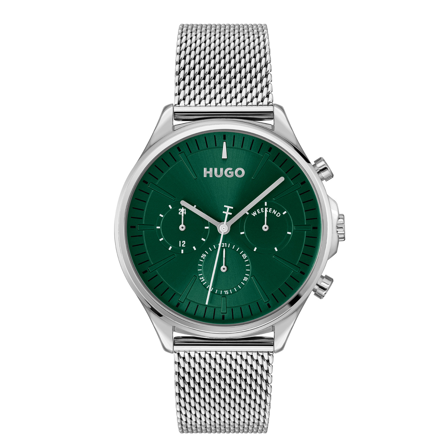 HUGO HU1530409 #SMASH MULTI 43mm
Dit HUGO horloge uit de SMASH MULTI serie met artikelnr. HU1530409 is ontworpen voor de man met durf en die volledig zichzelf is in zijn eigen unieke stijl. Het herenhorloge kenmerkt zich door zijn ronde stalen horlogekast met gladde bezel. Het ontwerp is opvallend vanwege zijn stoere 'kijk mij nou eens' uitstaling en de witte wijzers op de groene geborstelde wijzerplaat. Het herenhorloge heeft een dag,- datum,- en 24-uursaanduiding. Aan de kast zit een zilverkleurige milanese horlogeband met een druksluiting. Het classic ogende herenhorloge heeft een mineraalglas, een doorsnee van 43mm en is 5ATM.

HET MERK:
HUGO BOSS is afgestemd op levensstijlen waar het gaat om kwaliteit en precisie. Het wereldwijde fashionlabel is verdeeld in twee merken: BOSS en HUGO. Het merk HUGO presenteert eigentijdse en vooruitstrevende designs volgens de laatste fashion trends waarmee mensen worden gestimuleerd om zichzelf te zijn. Scherp maatwerk en casual horloges gecombineerd met een progressieve attitude. HUGO horloges zijn er voor de urban en ruimdenkende man die de leiding durft te nemen. De enige regel van de HUGO-man als het om stijl gaat: zijn authentieke zelf en niets anders.

Maak kennis met de nieuwe horlogecollectie van HUGO.

SPECIFICATIES:
- Mineraalglas
- Ronde kastvorm, Ø 43mm
- Stalen horlogekast
- Groene wijzerplaat
- Milanese band
- 5ATM