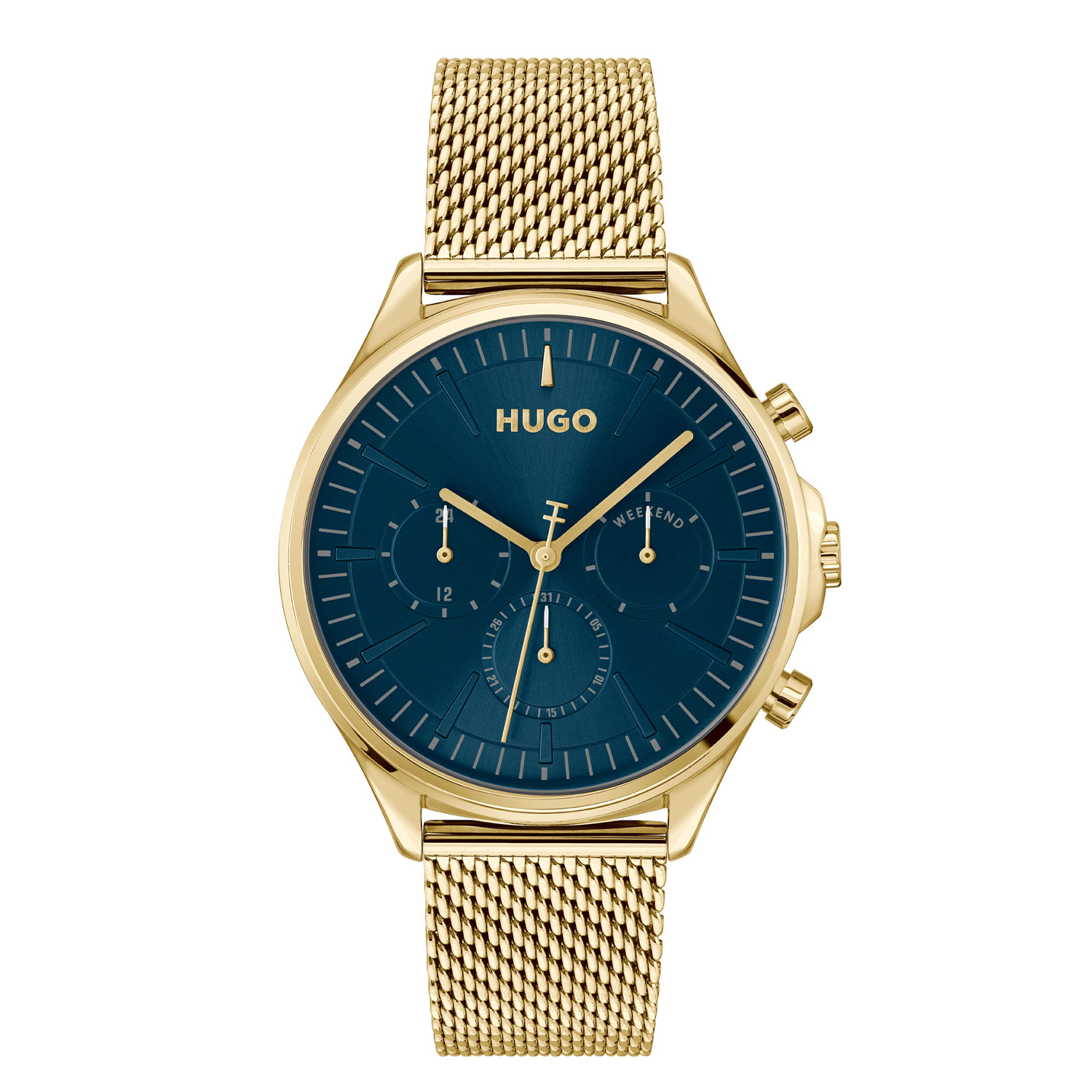 HUGO HU1530410 #SMASH MULTI 43mm
Dit HUGO horloge uit de SMASH MULTI serie met artikelnr. HU1530410 is ontworpen voor de man met durf en die volledig zichzelf is in zijn eigen unieke stijl. Het herenhorloge kenmerkt zich door zijn ronde stalen goudkleurige horlogekast met gladde bezel. Het ontwerp is opvallend vanwege zijn stoere 'kijk mij nou eens' uitstaling en de goudkleurige wijzers op de blauwe geborstelde wijzerplaat. Het herenhorloge heeft een dag,- datum,- en 24-uursaanduiding. Aan de kast zit een goudkleurige milanese horlogeband met een druksluiting. Het classic ogende herenhorloge heeft een mineraalglas, een doorsnee van 43mm en is 5ATM.

HET MERK:
HUGO BOSS is afgestemd op levensstijlen waar het gaat om kwaliteit en precisie. Het wereldwijde fashionlabel is verdeeld in twee merken: BOSS en HUGO. Het merk HUGO presenteert eigentijdse en vooruitstrevende designs volgens de laatste fashion trends waarmee mensen worden gestimuleerd om zichzelf te zijn. Scherp maatwerk en casual horloges gecombineerd met een progressieve attitude. HUGO horloges zijn er voor de urban en ruimdenkende man die de leiding durft te nemen. De enige regel van de HUGO-man als het om stijl gaat: zijn authentieke zelf en niets anders.

Maak kennis met de nieuwe horlogecollectie van HUGO.

SPECIFICATIES:
- Mineraalglas
- Ronde kastvorm, Ø 43mm
- Stalen goudkleurige horlogekast
- Blauwe wijzerplaat
- Milanese band
- 5ATM