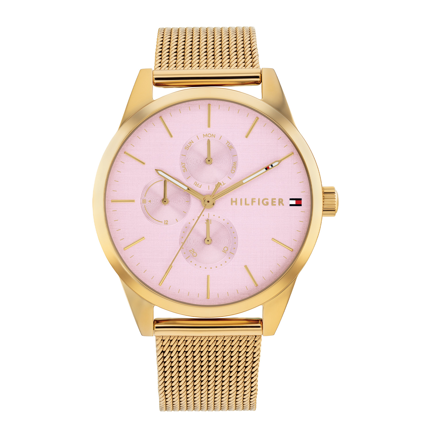 Tommy Hilfiger TH1782769 Horloge Dames Staal Goudkleurig 38mm
Dit specifieke horloge van Tommy Hilfiger uit de Camille serie met artikelnr: TH1782769 is een luxe dameshorloge die niet in je collectie mag ontbreken. Het stalen dameshorloge heeft een ronde goudkleurige stalen kast met een glanzende bezel en een roze wijzerplaat met fijne wijzers en een dag, datum en 24-uursaanduiding. Aan de kast zit een goudkleurige milanese band met een druksluiting. Het horloge heeft een mineraalglas, een afmeting van 38mm en is 3ATM.  

Het merk:
Sinds de lancering van het merk in 1985 is Tommy Hilfiger wereldwijd bekend geworden als pionier van de klassieke Amerikaanse coole stijl. Geïnspireerd door de iconische popcultuur en het Amerikaanse erfgoed. De dames en herencollectie van dit seizoen bestaan uit minimalistische silhouetten en rustieke lederen details. De herenhorlogecollectie biedt iconische uurwerken met roestvrijstalen, lederen en siliconen banden.

Specificaties:
- Mineraalglas
- Ronde kast 38mm
- Stalen goudkleurige horlogekast
- Roze wijzerplaat
- Goudkleurige milanese band 
- 3ATM