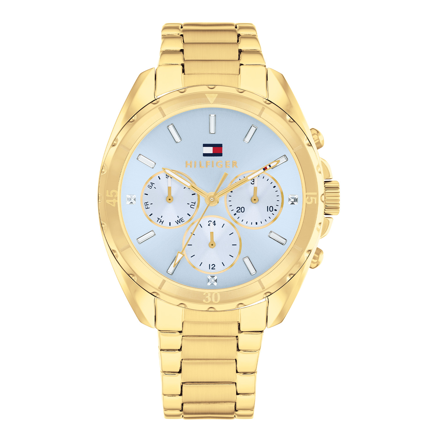 Tommy Hilfiger TH1782783 Horloge Dames Staal Goudkleurig 36mm
Dit specifieke horloge van Tommy Hilfiger uit de Mellie serie met artikelnr: TH1782783 is een luxe dameshorloge die niet in je collectie mag ontbreken. Het stalen dameshorloge heeft een ronde goudkleurige kast met een goudkleurige bezel en een blauwe wijzerplaat met dag, datum en 24-uursaanduiding. De uursaanduiding schitterd door de kristallen. Aan de kast zit een goudkleurige glanzende schakelband met vouwsluiting. Het horloge heeft een mineraalglas, een doorsnee van 36mm en is 5ATM.  

Het merk:
Sinds de lancering van het merk in 1985 is Tommy Hilfiger wereldwijd bekend geworden als pionier van de klassieke Amerikaanse coole stijl. Geïnspireerd door de iconische popcultuur en het Amerikaanse erfgoed. De dames en herencollectie van dit seizoen bestaan uit minimalistische silhouetten en rustieke lederen details. De herenhorlogecollectie biedt iconische uurwerken met roestvrijstalen, lederen en siliconen banden.

Specificaties:
- Mineraalglas
- Ronde kast 36mm
- Goudkleurige horlogekast
- Blauwe wijzerplaat
- Goudkleurige schakelband 
- 5ATM
- Kristallen