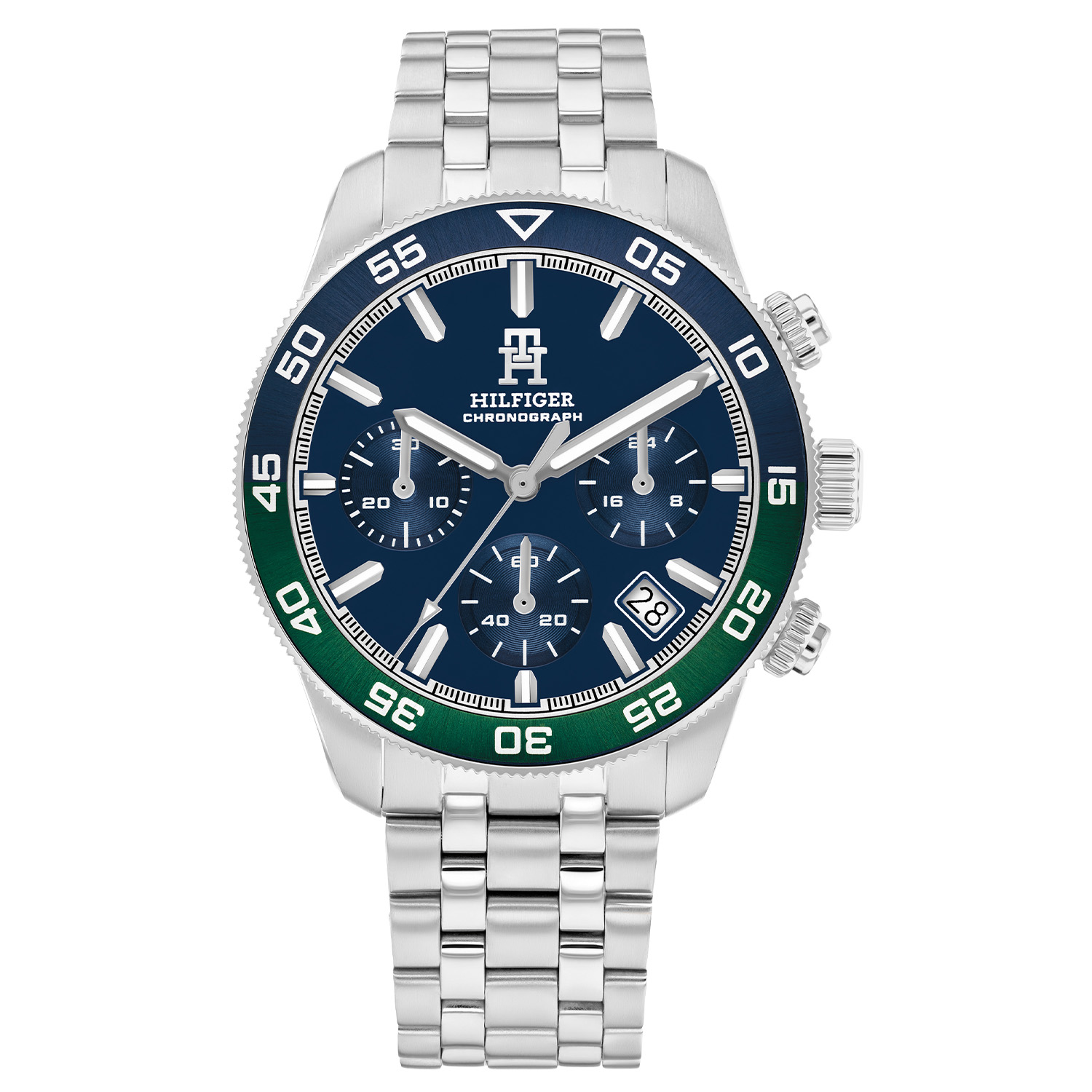 Tommy Hilfiger TH1792185 Horloge Heren Chrono 41mm
Dit specifieke horloge van Tommy Hilfiger uit de TH85 serie met artikelnr: TH1792185 is een stoer herenhorloge die niet in je collectie mag ontbreken. Het herenhorloge heeft een ronde stalen kast met een blauw/groene aluminium bezel en een blauwe wijzerplaat met chronograaf en datum. Aan de kast zit een stalen schakelband met vouwsluiting. Het horloge heeft een mineraalglas, een afmeting van 41mm en is 5ATM.  

Het merk:
Sinds de lancering van het merk in 1985 is Tommy Hilfiger wereldwijd bekend geworden als pionier van de klassieke Amerikaanse coole stijl. Ge&iuml;nspireerd door de iconische popcultuur en het Amerikaanse erfgoed. De dames en herencollectie van dit seizoen bestaan uit minimalistische silhouetten en rustieke lederen details. De herenhorlogecollectie biedt iconische uurwerken met roestvrijstalen, lederen en siliconen banden.

Specificaties:
- Mineraalglas
- Ronde kast 41mm
- Stalen horlogekast
- Blauwe wijzerplaat
- Stalen horlogeband 
- 5ATM
- Chronograaf