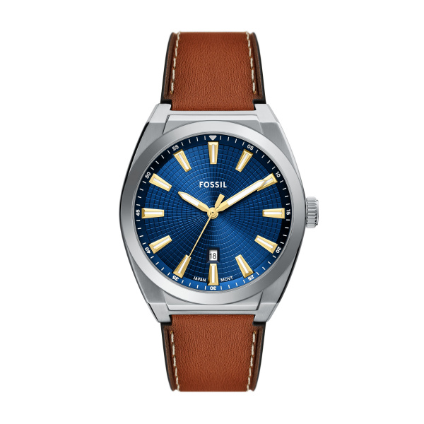 Fossil Quarts heren pols horloge model FS6115 nuit de Everett Collectie. Staal met bruin lederen band. 5 ATM Waterdicht.