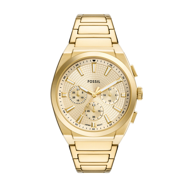 Fossil Quarts heren pols horloge model FS6119 Uit de Everett Collectie. Staal met stalen band goudkleurig. 5 ATM Waterdicht.