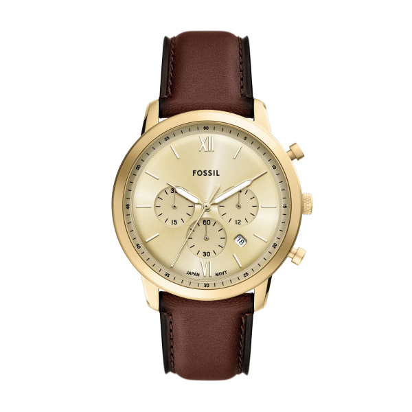 Fossil Quatz heren pols horloge goudkleurig met bruin lederen band uit de collectie Neutra.