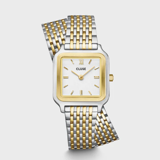 Het vierkante Gracieuse Petite horloge voor dames heeft een 24 mm goud- en zilverkleurige kast, witte wijzerplaat en een 14 mm dubbel bandje van goud- en zilverkleurig roestvrij staal.