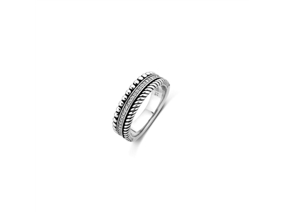Ti Sento zilveren ring geoxideerd, bestaand uit 3 banen; tors/zirkonia/bolletjes. 