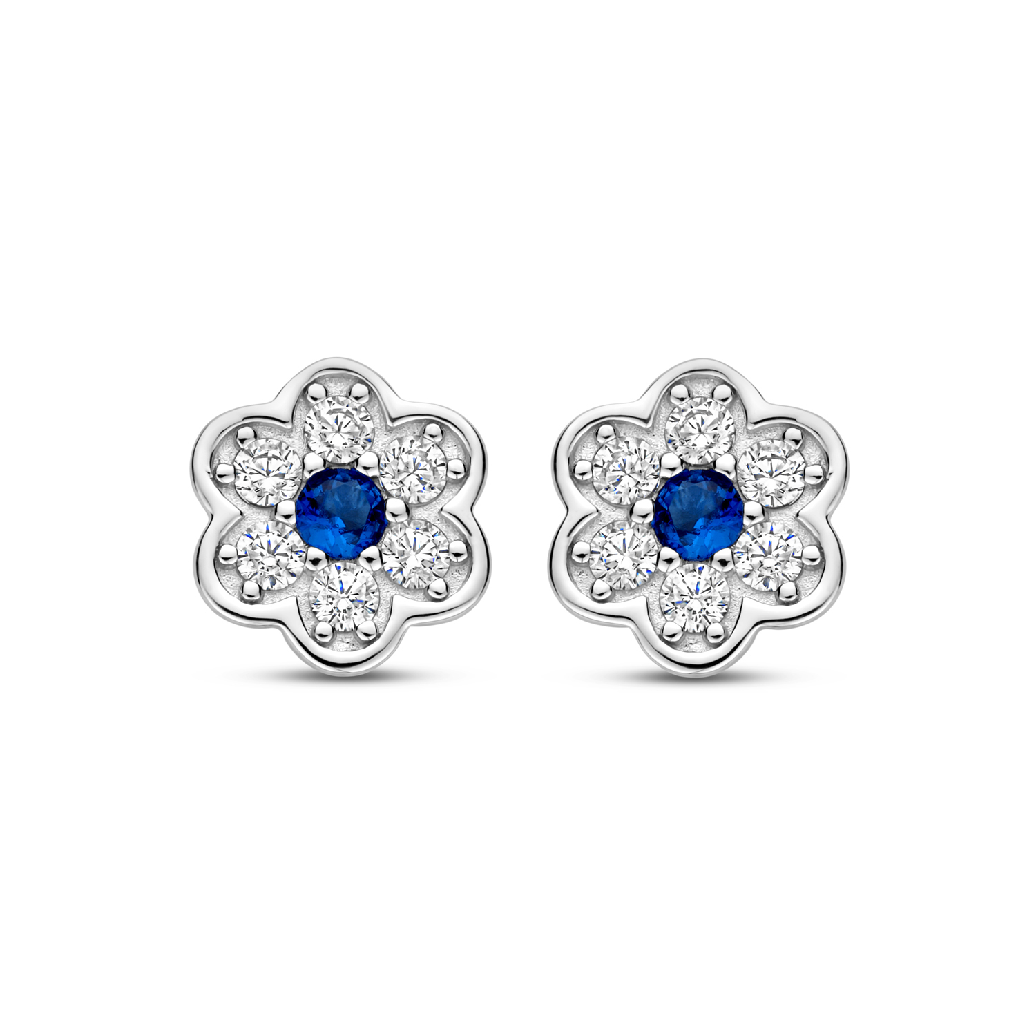 zilveren RdL oorstekers, bloem+ blauw/wit zirconias