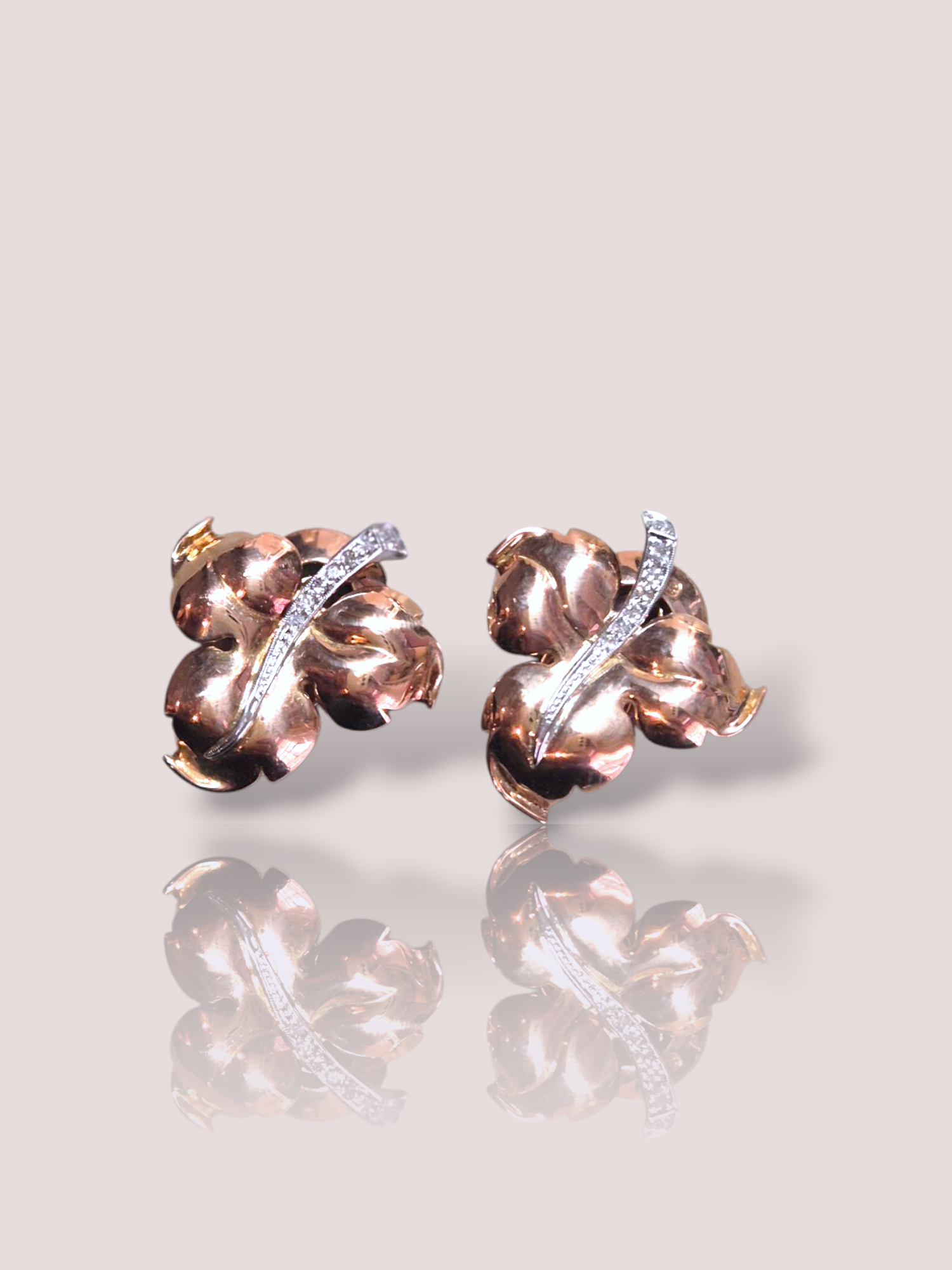Deze prachtige vintage 18k rosegouden oorbellen zijn ingelegd met schitterende diamanten, waardoor ze een echte eyecatcher zijn. De oorbellen hebben een prachtige organische bladvorm. De klassieke stijl past perfect bij elke outfit, van casual tot chic. Draag ze solo voor een verfijnde look of combineer ze met andere sieraden voor een meer opvallende uitstraling. Een tijdloos en elegant sieraad dat niet mag ontbreken in jouw collectie.

Bij deze oorbellen hebben wij een bijpassende broche.