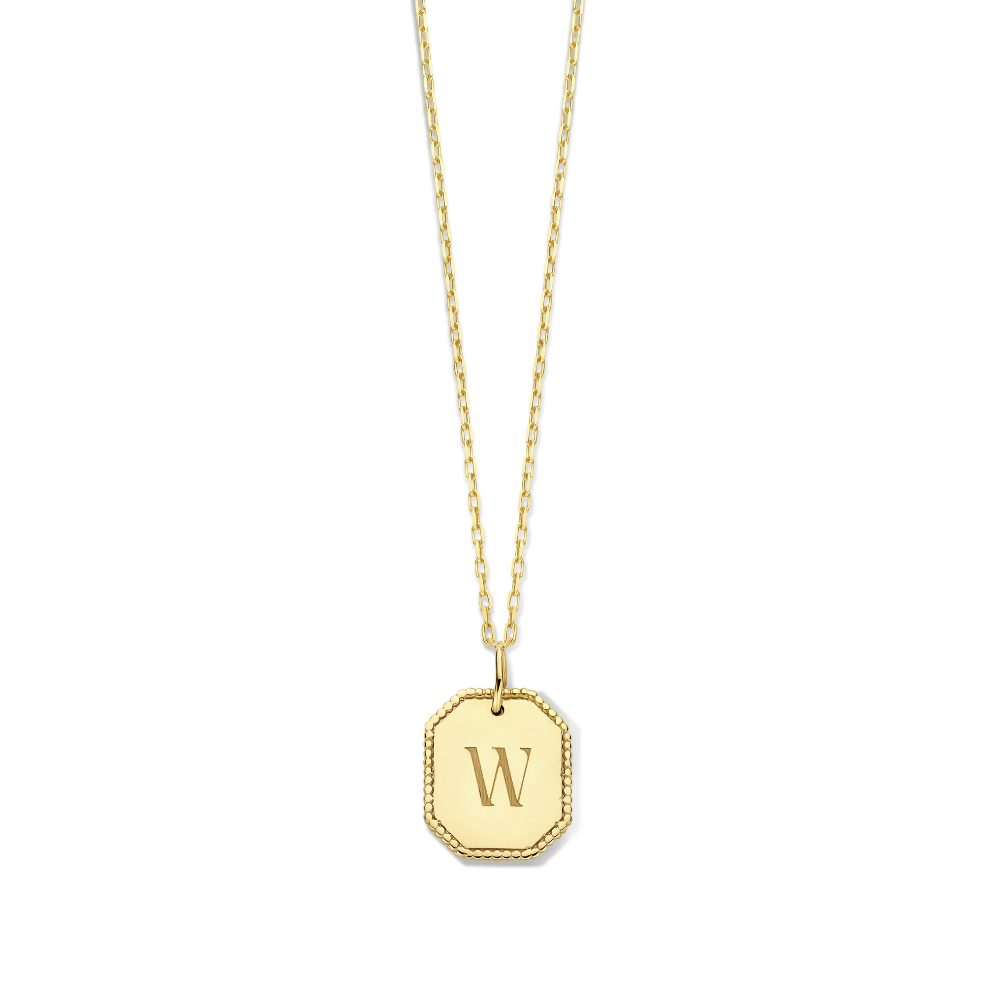 Personaliseer de Vintage Tag Bullets Ketting met een initiaal of symbool. Elk sieraad is uniek, verkrijgbaar in 14 karaat goud en handgemaakt in Nederland.

