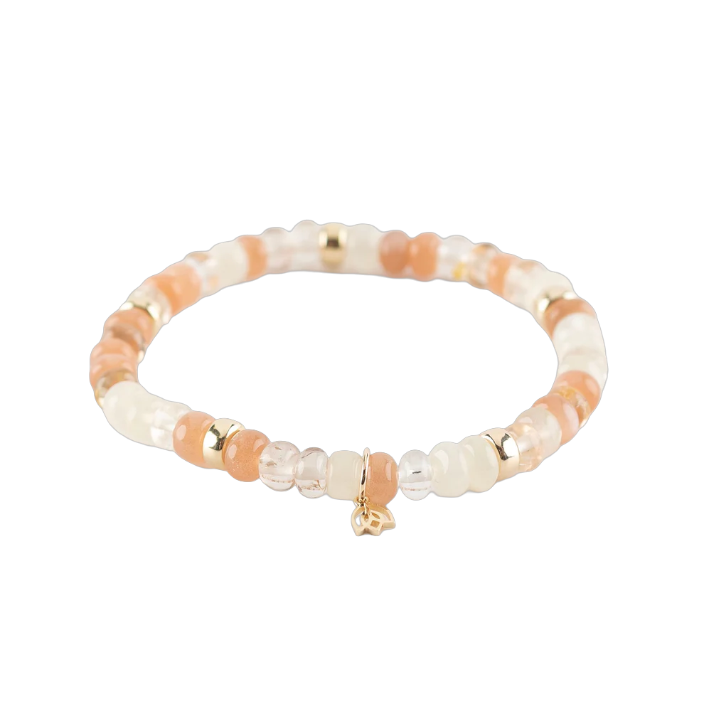 Y&G Edelsteen armband met maansteen
Edelstenen armband (6x4mm kralen) en Vijf 14 krt gouden beads & tulp logo.