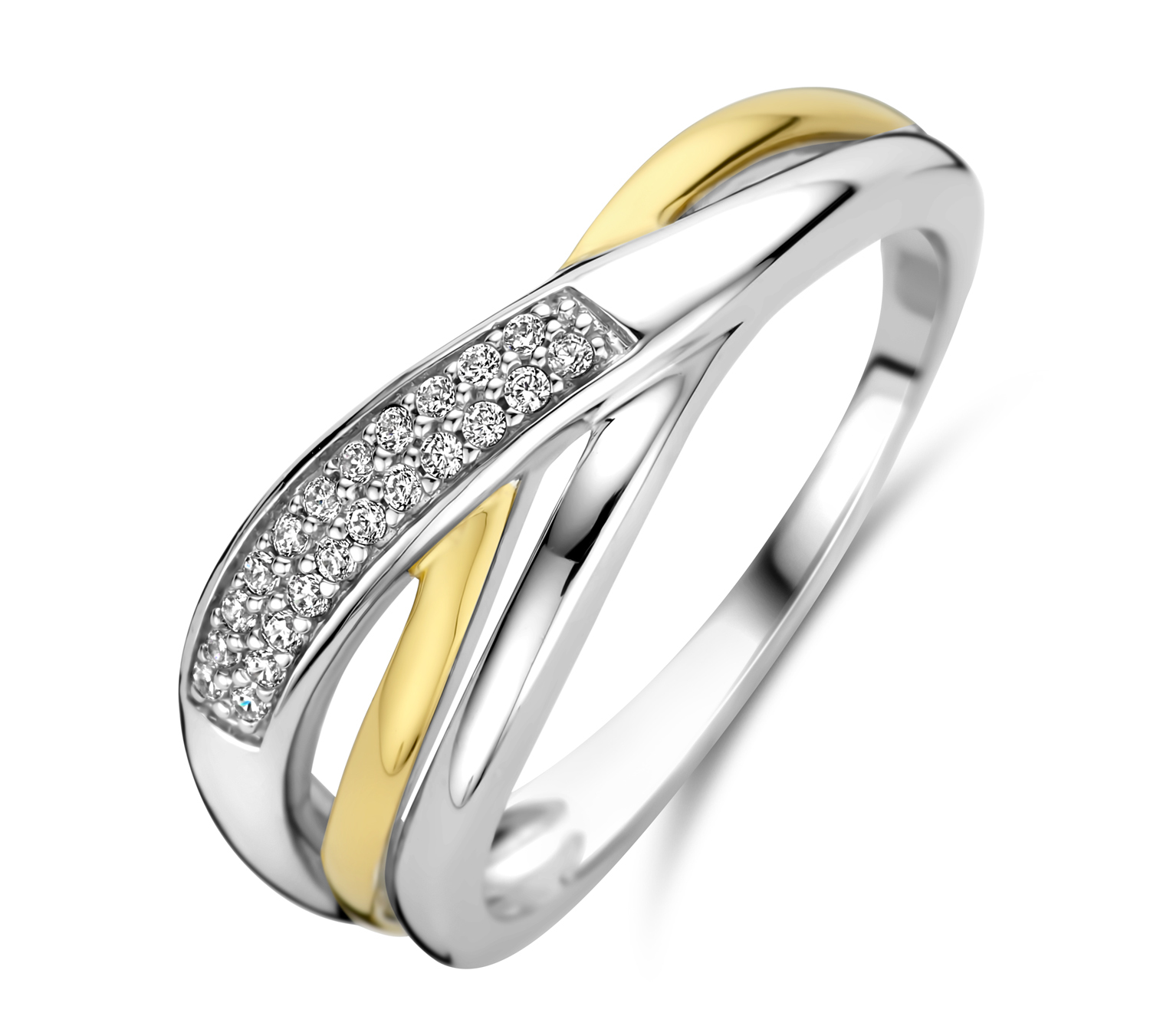 zilveren RdL ring, bicolor+pave zirc. mt58