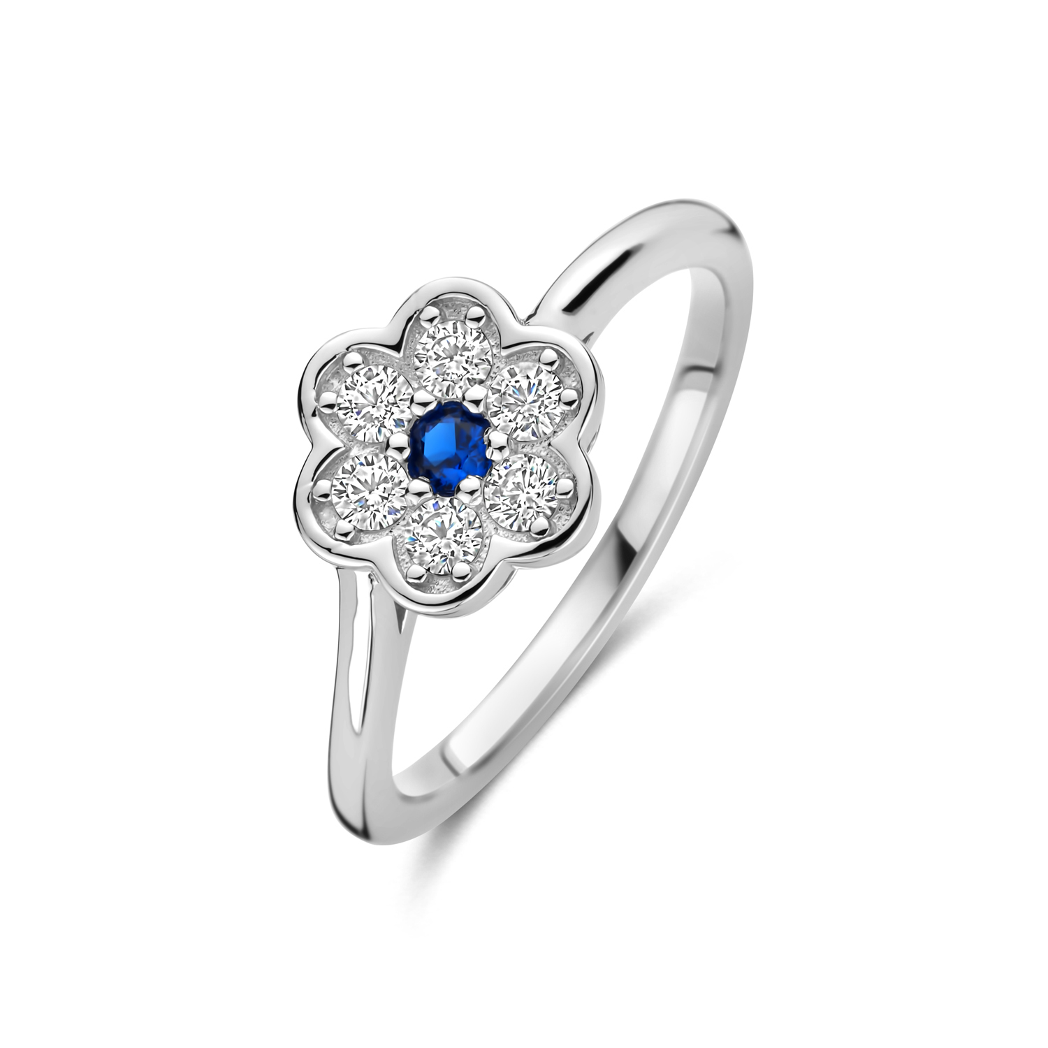 zilveren RdL ring, bloem+blauw/wit zirconias mt56