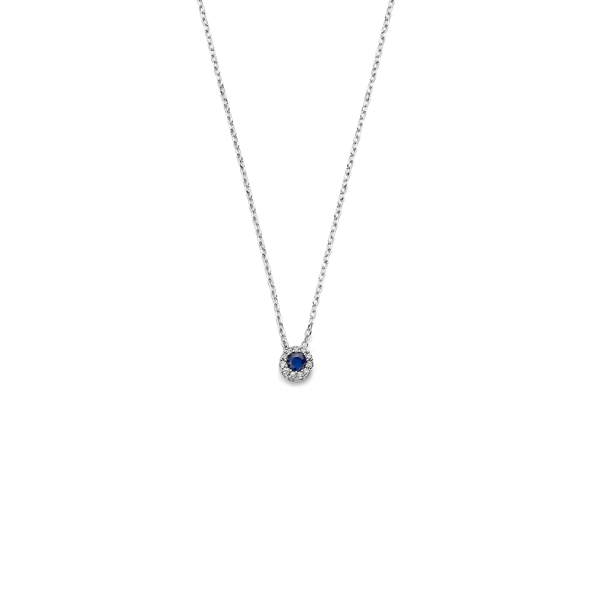 Gerhodineerd 925 zilveren collier uitgevoerd met saffier en zirkonia. Het collier heeft draaglengtes van 41-43-45cm.