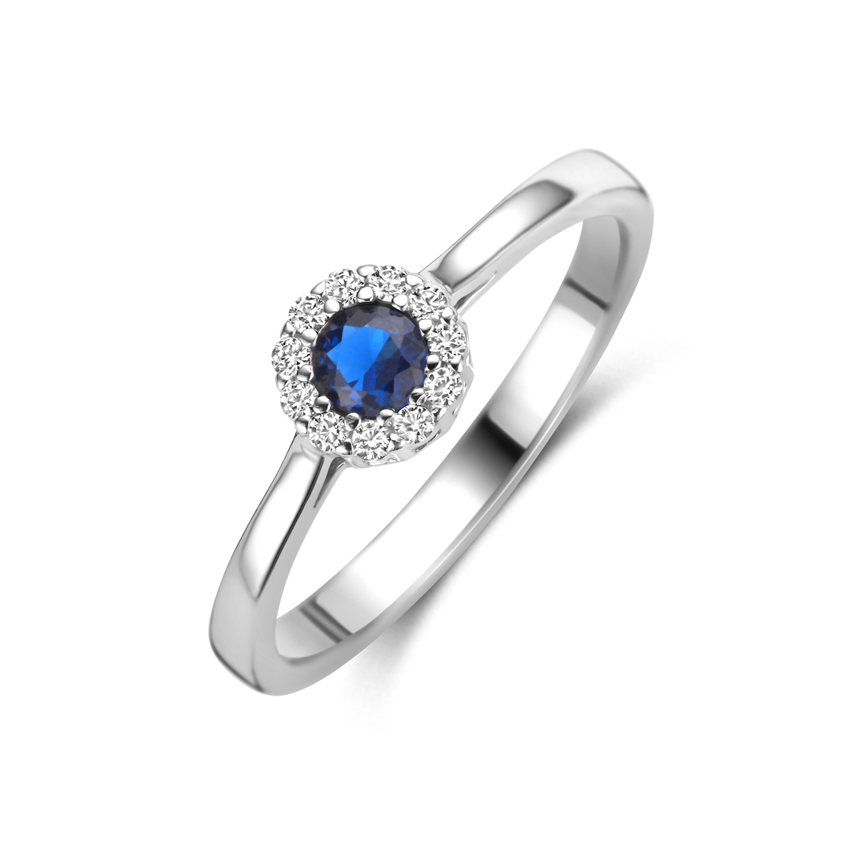 Gerhodineerd 925 zilveren ring uitgevoerd met saffier en zirkonia. De ring heeft een breedte van 6mm.