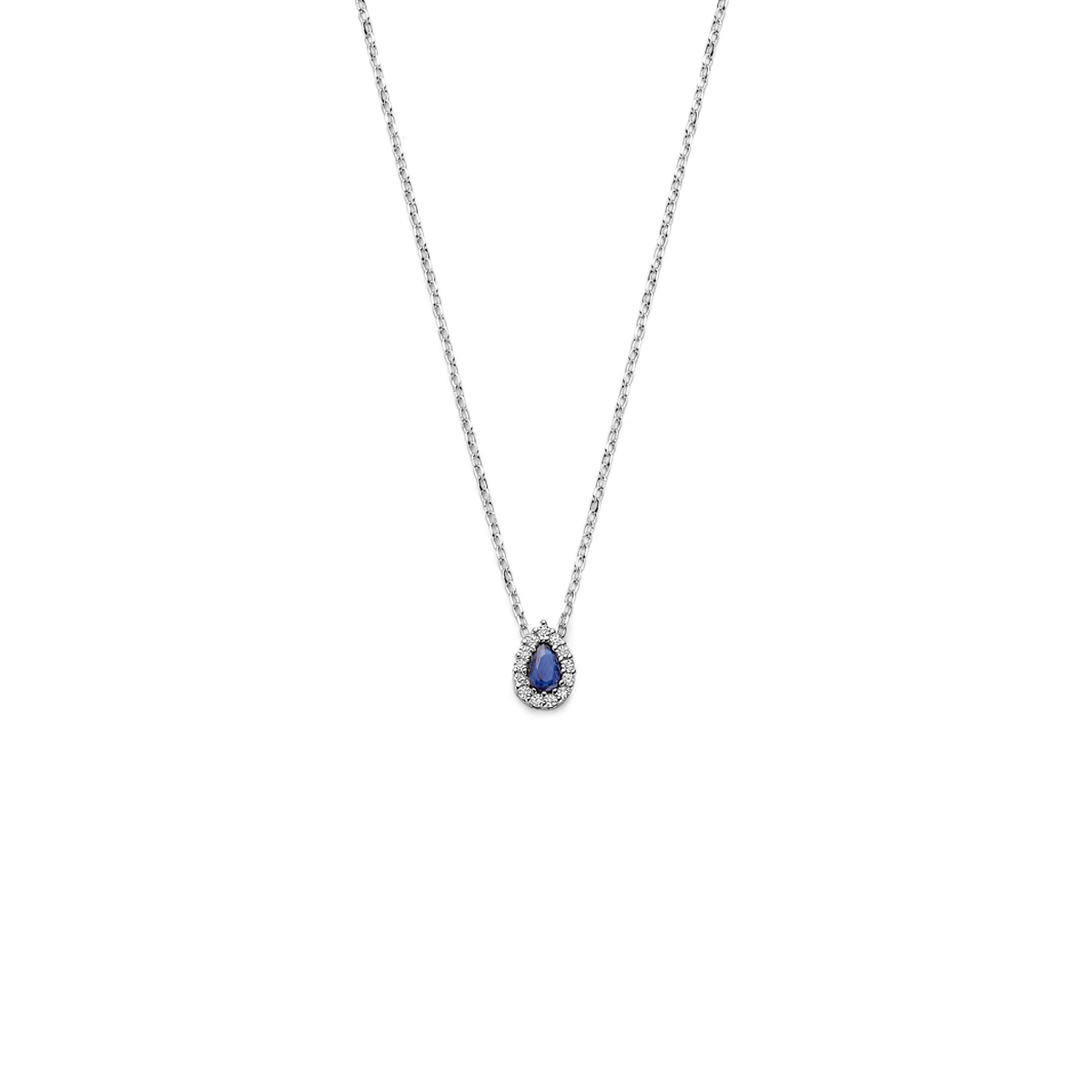 Gerhodineerd 925 zilveren collier uitgevoerd met saffier en zirkonia. Het collier heeft draaglengtes van 41-43-45cm.
