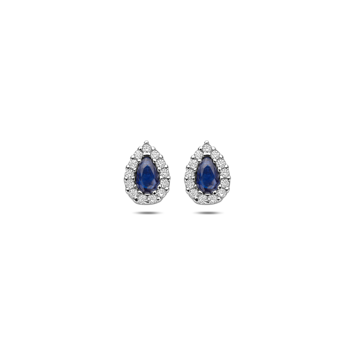 zilveren oorstekers, druppels+ blauw/wit zirconias