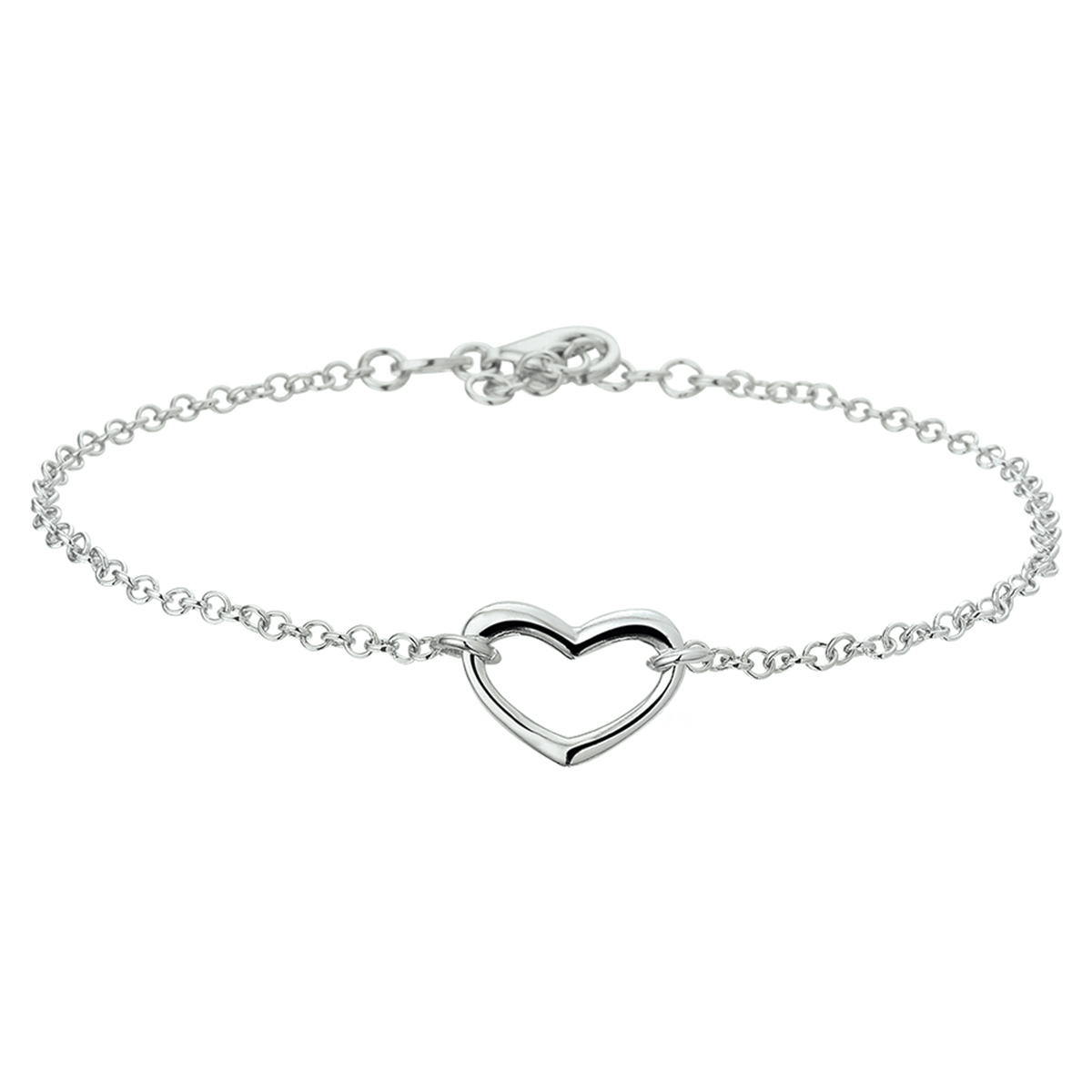 Trendy gerhodineerd zilveren enkelbandje met een open hartje uitgevoerd met een stevige karabijn sluiting. Dit fijne enkelbandje is goed te combineren met bijpassende hartjes sieraden uit onze collectie. De lengte bedraagt 24cm met een extensie van 2cm en de schakelbreedte is 2.1mm.