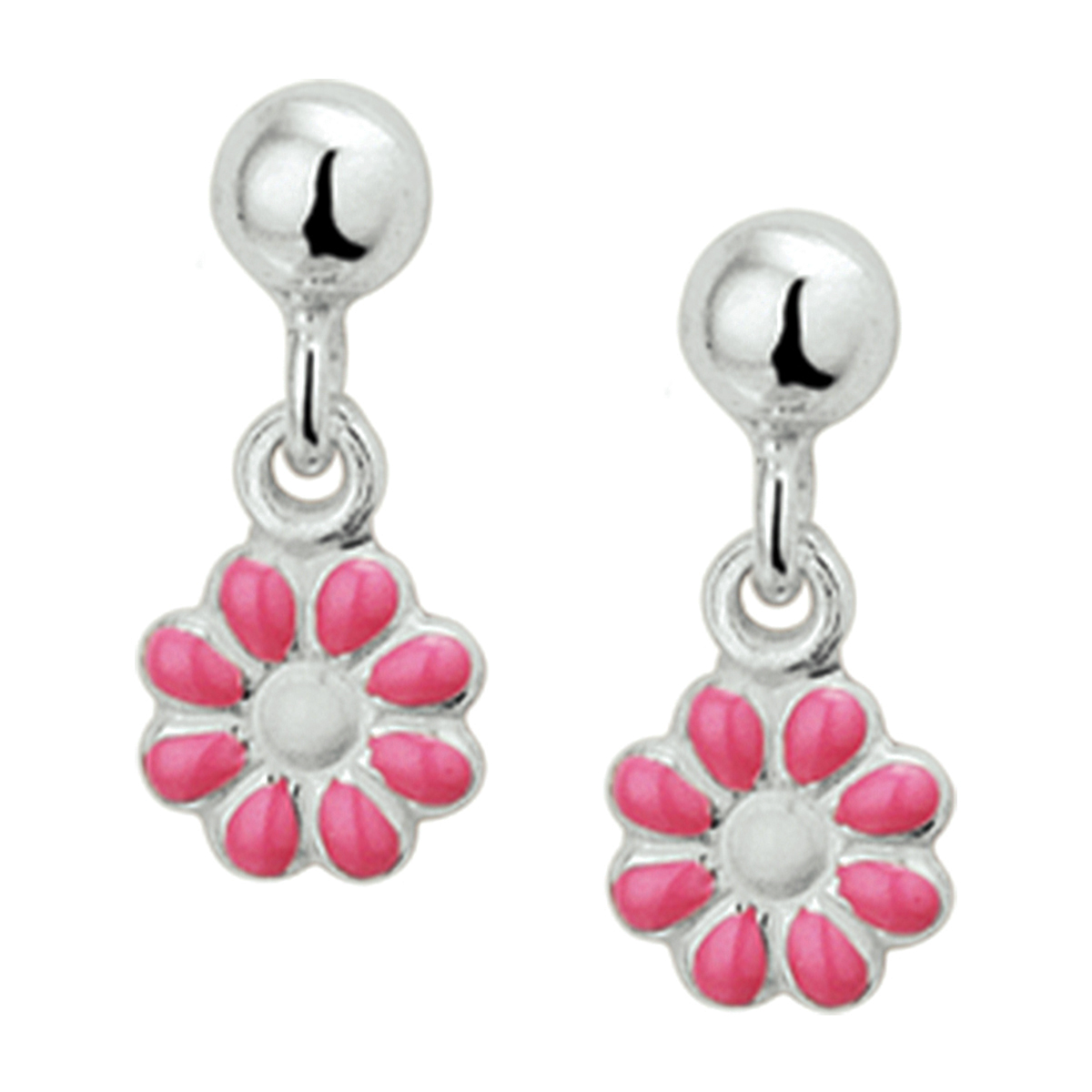 Gerhodineerd zilveren oorhangers in de vorm van een bloem. Het emaille is roze van kleur. 