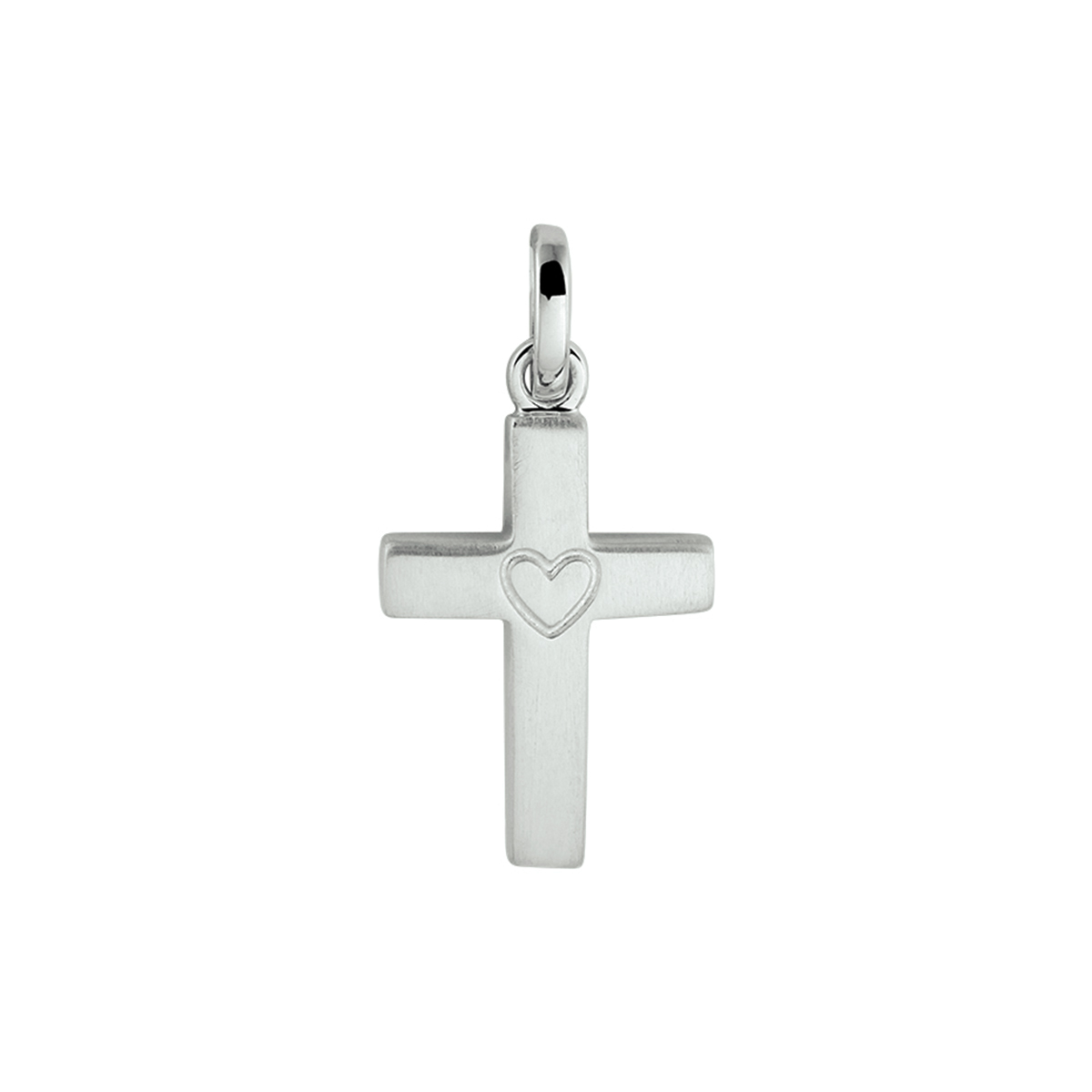 Gerhodineerd 925 zilveren hanger in de vorm van een kruis. In de hanger is een hartje gegraveerd. De totale hoogte van de hanger is 2.3cm. De afmeting van het kruis is 16.5x11.5mm.