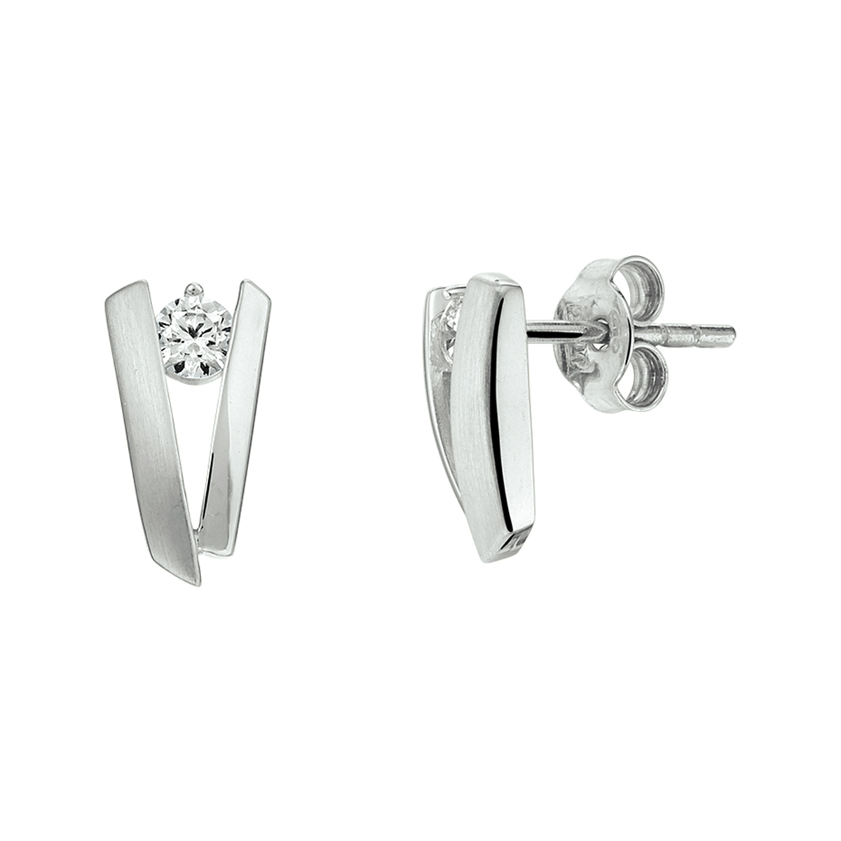 Gerhodineerd zilveren oorstekers uitgevoerd met een heldere zirkonia het ene staafje is mat zilver en de ander glans zilver. De oorkstekers hebben een afmeting van 8.5x6mm.