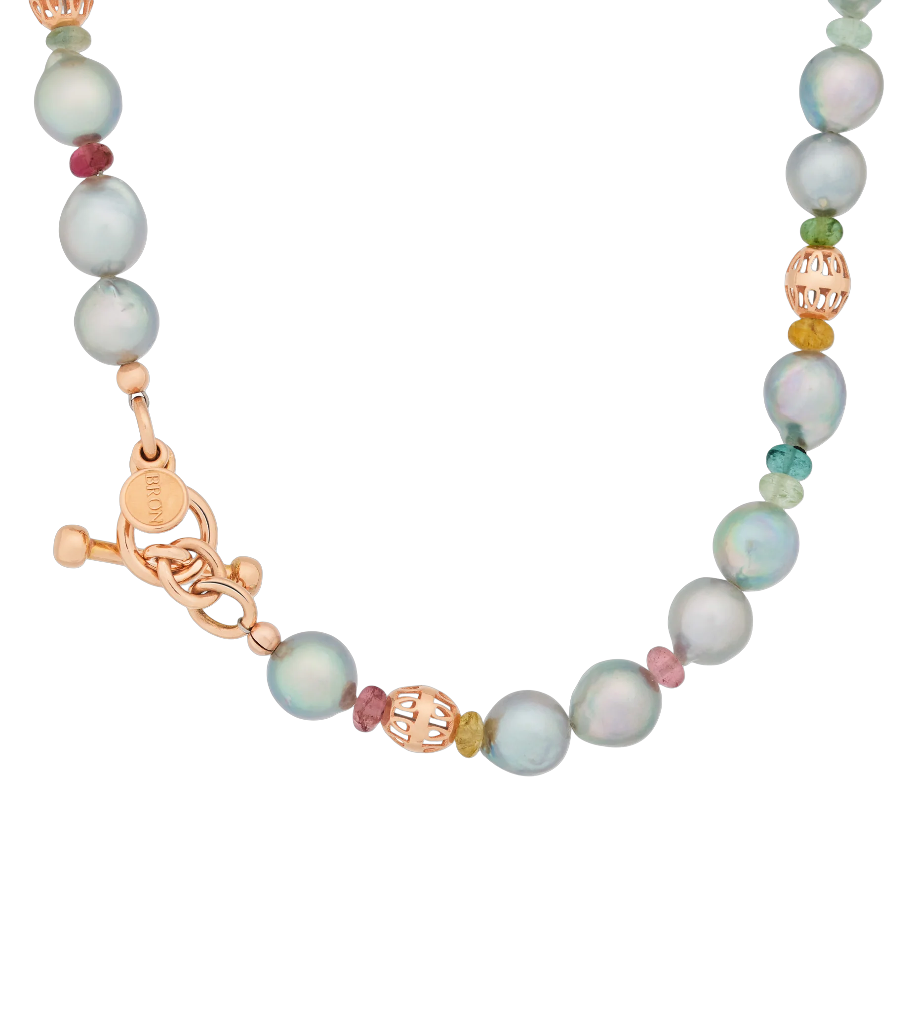 Heerlijk en onconventioneel collier van barok akoya parels multicolour toermalijn kralen en gouden ajour kralen.