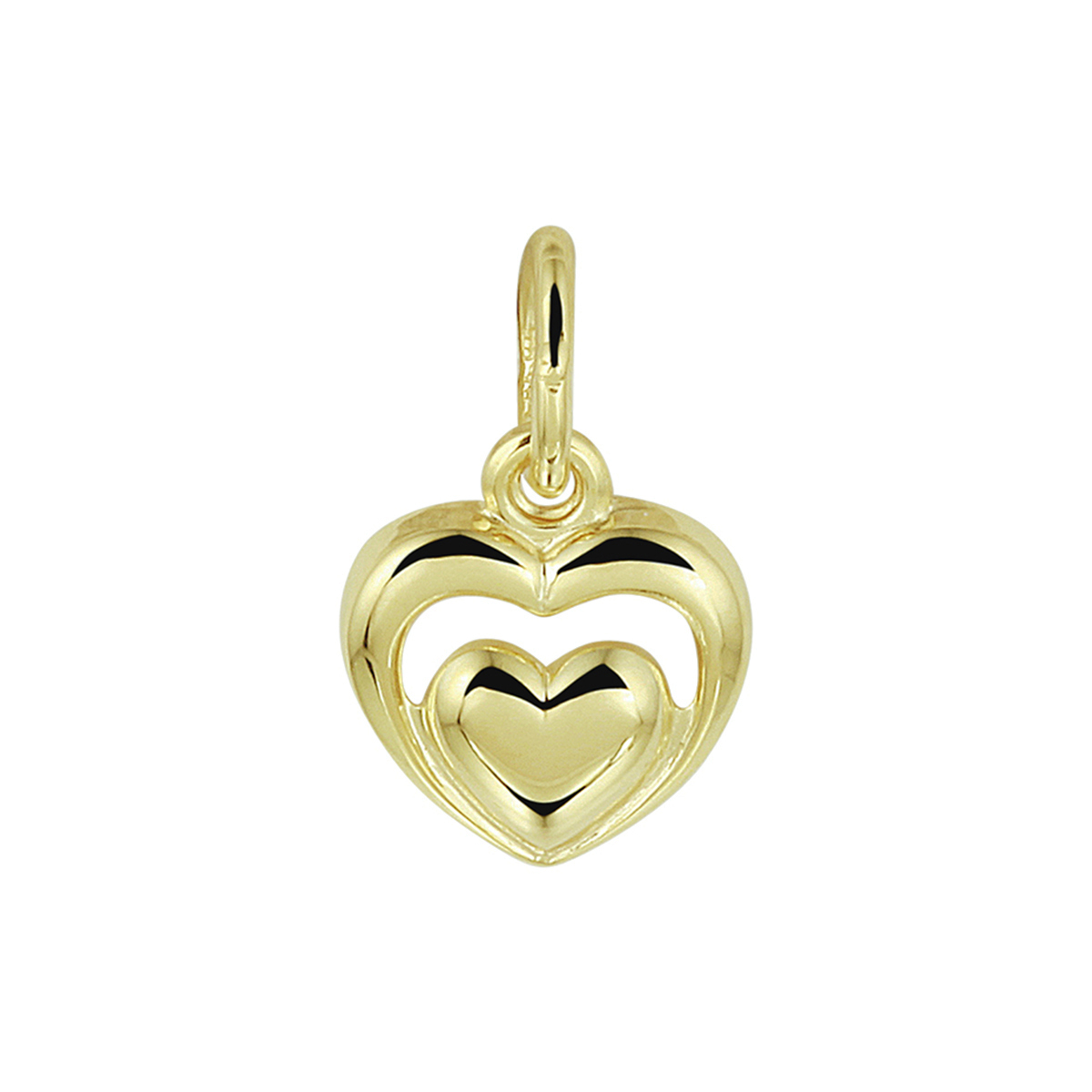 Geelgouden hanger met een hartje in een hartje. Het hart heeft afmetingen van 8x8mm uitgevoerd met een stevig hangoog. Tip: Leuk om kado te doen aan dierbare of geliefde!. Gegarandeerd dat ze het hart zal waarderen. Deze hanger is te combineren met bijpassende colliers uit onze collectie!