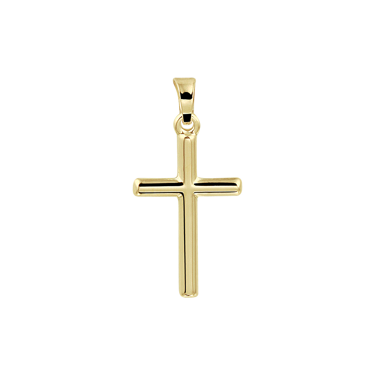 14k Geelgouden hanger uitgevoerd in de vorm van een kruis. De hanger heeft een totale hoogte van 2.4cm en een breedte van 12mm.