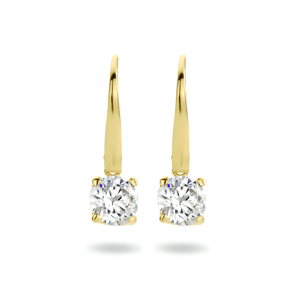14k Geelgouden oorhangers uitgevoerd met een schitterende zirkonia en een brisur haak. De oorhangers hebben een totale hoogte van 1.9cm en een breedte van 6mm.