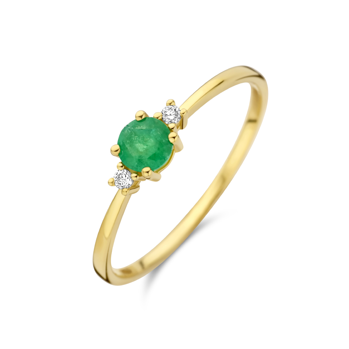 14k Geelgouden ring uitgevoerd met schitterende smaragd en diamant. De ring heeft een breedte van 4mm. Het diamantgewicht is 0.03ct (2x 0.015ct).